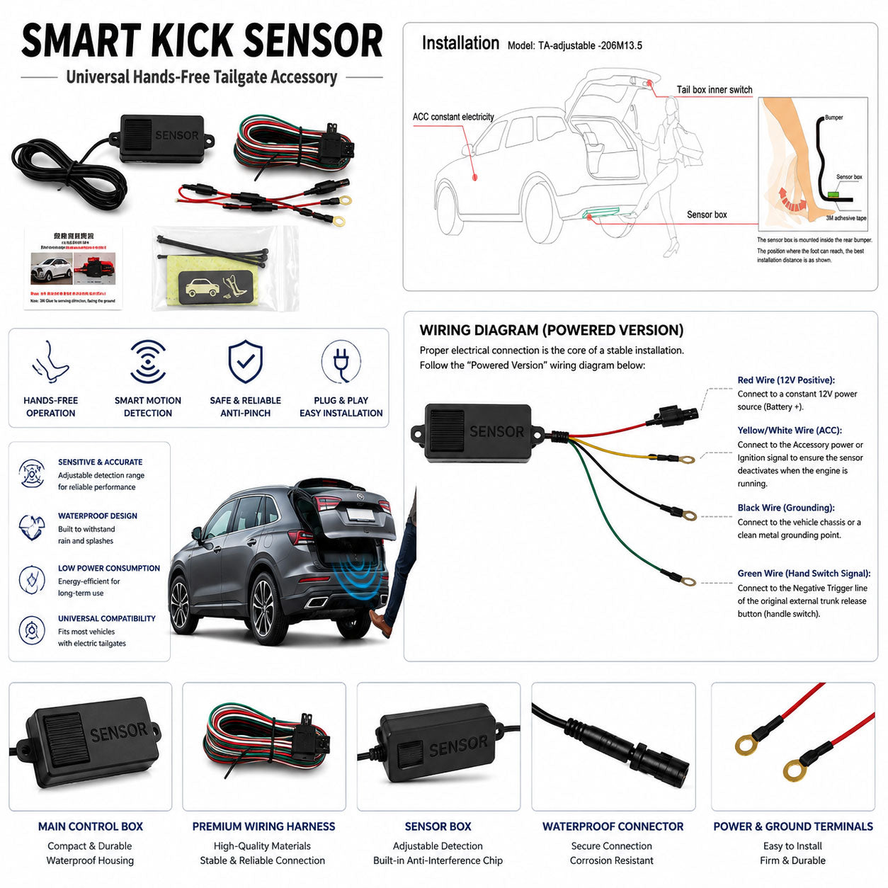 LiTanglee Smart Kick Sensor technical installation diagram and wiring schematic for aftermarket tailgate systems