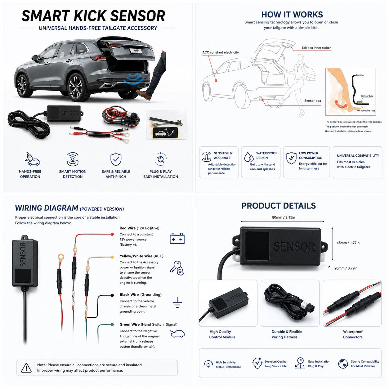Detailed product specifications and installation guide for LiTanglee universal tailgate kick sensor