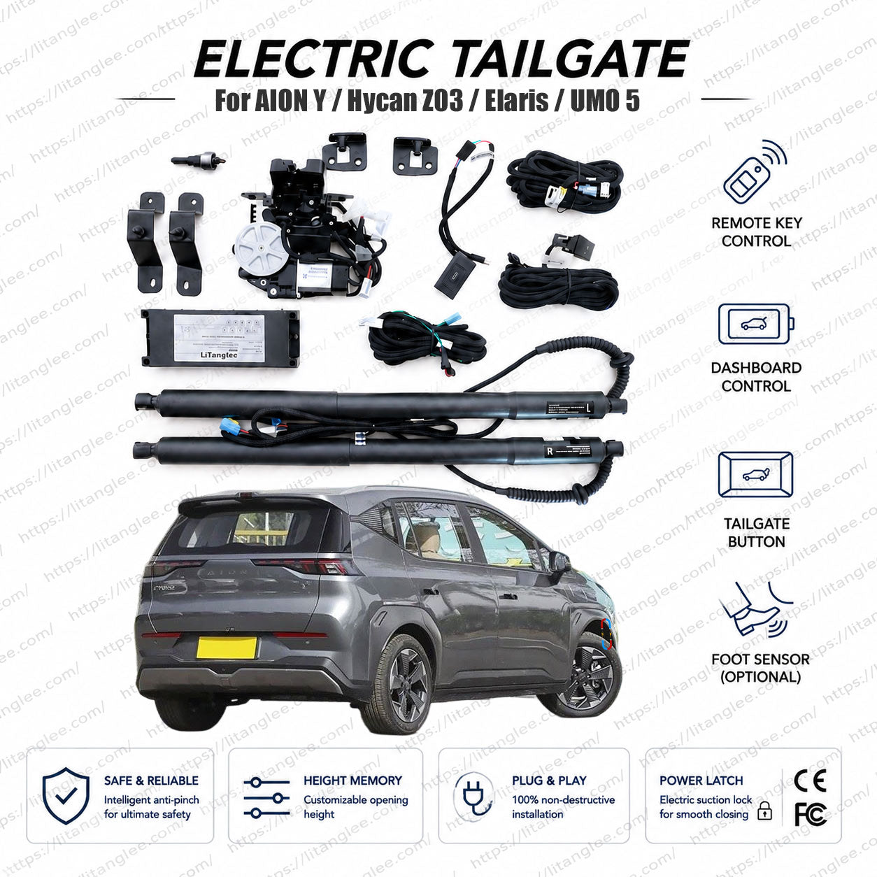 For AION Y / Hycan Z03 / Elaris Leo-Lenn / UMO 5 2021-2026 Smart Power Tailgate Lift Kit by LiTanglee® | Electric Trunk Opener with Soft Close | Global Modular Platform Compatibility | CAN-Bus Integrated | Non-Destructive Installation