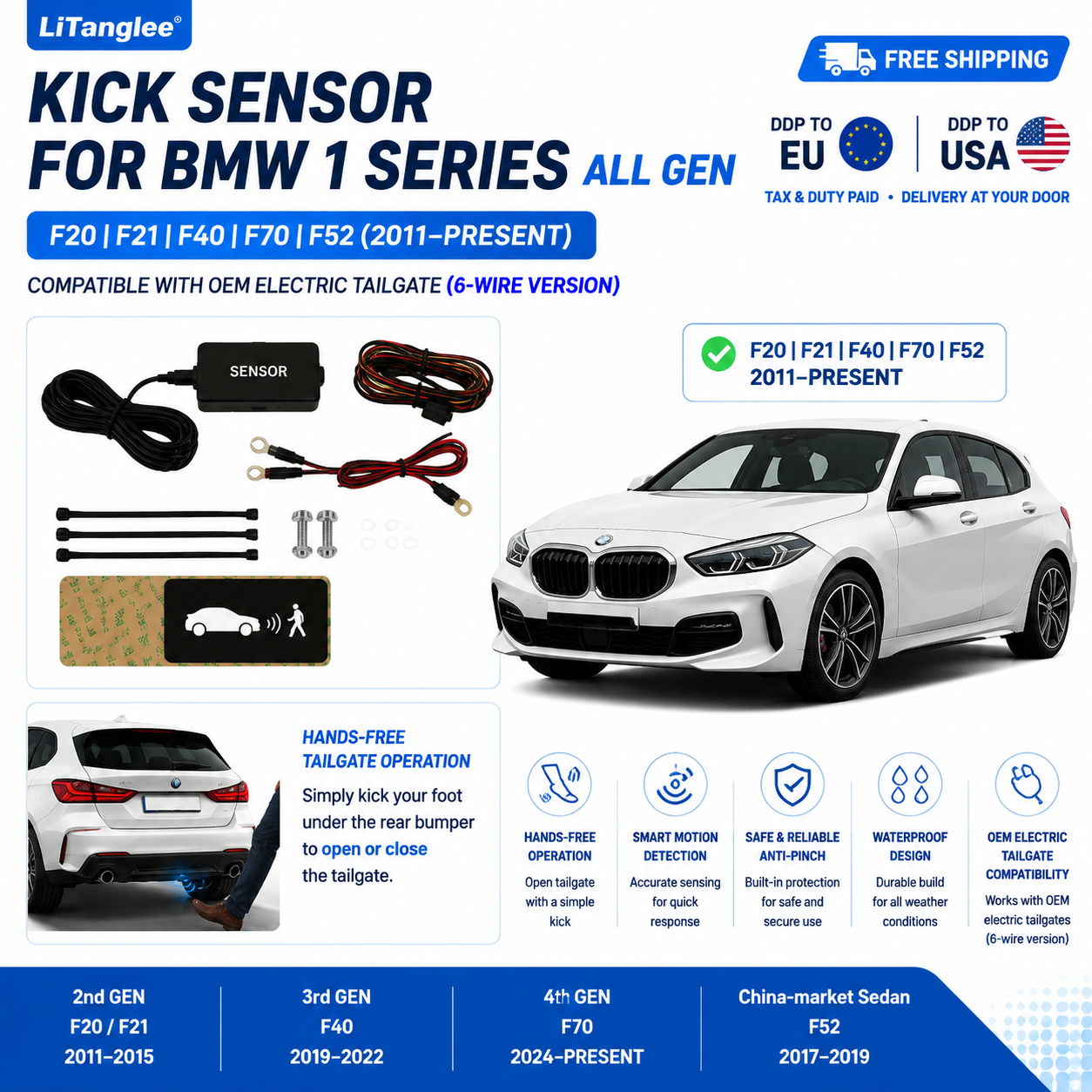 For BMW 1 Series F20 F21 F40 F70 F52 OEM Electric Power Tailgate Smart Hands-Free Kick Sensor – Foot-Activated Trunk Opening & Closing System