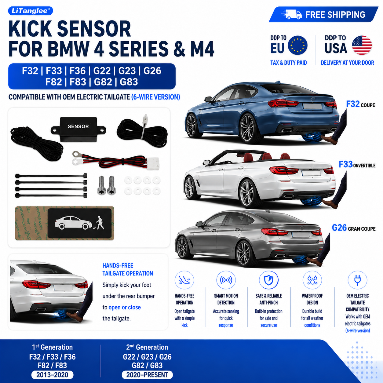For BMW 4 Series M4 F32 F33 F36 G22 G23 G26 F82 F83 G82 G83 OEM Electric Power Tailgate Smart Hands-Free Kick Sensor – Foot-Activated Trunk Opening & Closing System