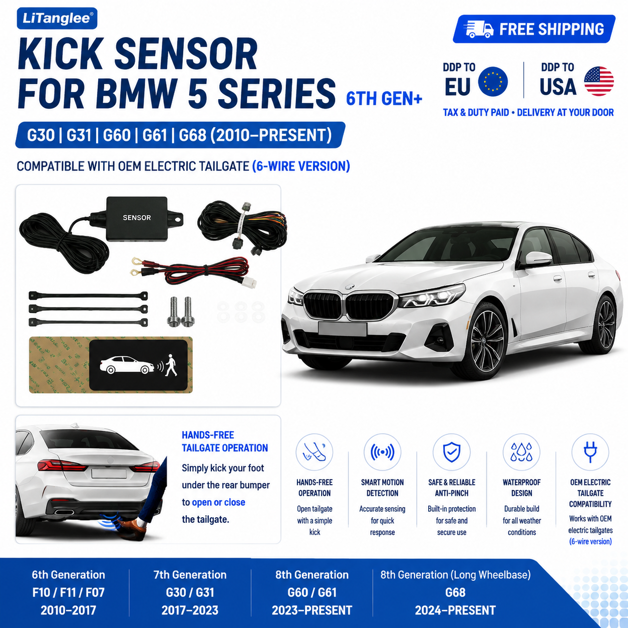 For BMW 5 Series M5 F10 F11 F07 G30 G31 G60 G61 G68 F90 G90 OEM Electric Power Tailgate Smart Hands-Free Kick Sensor – Foot-Activated Trunk Opening & Closing System