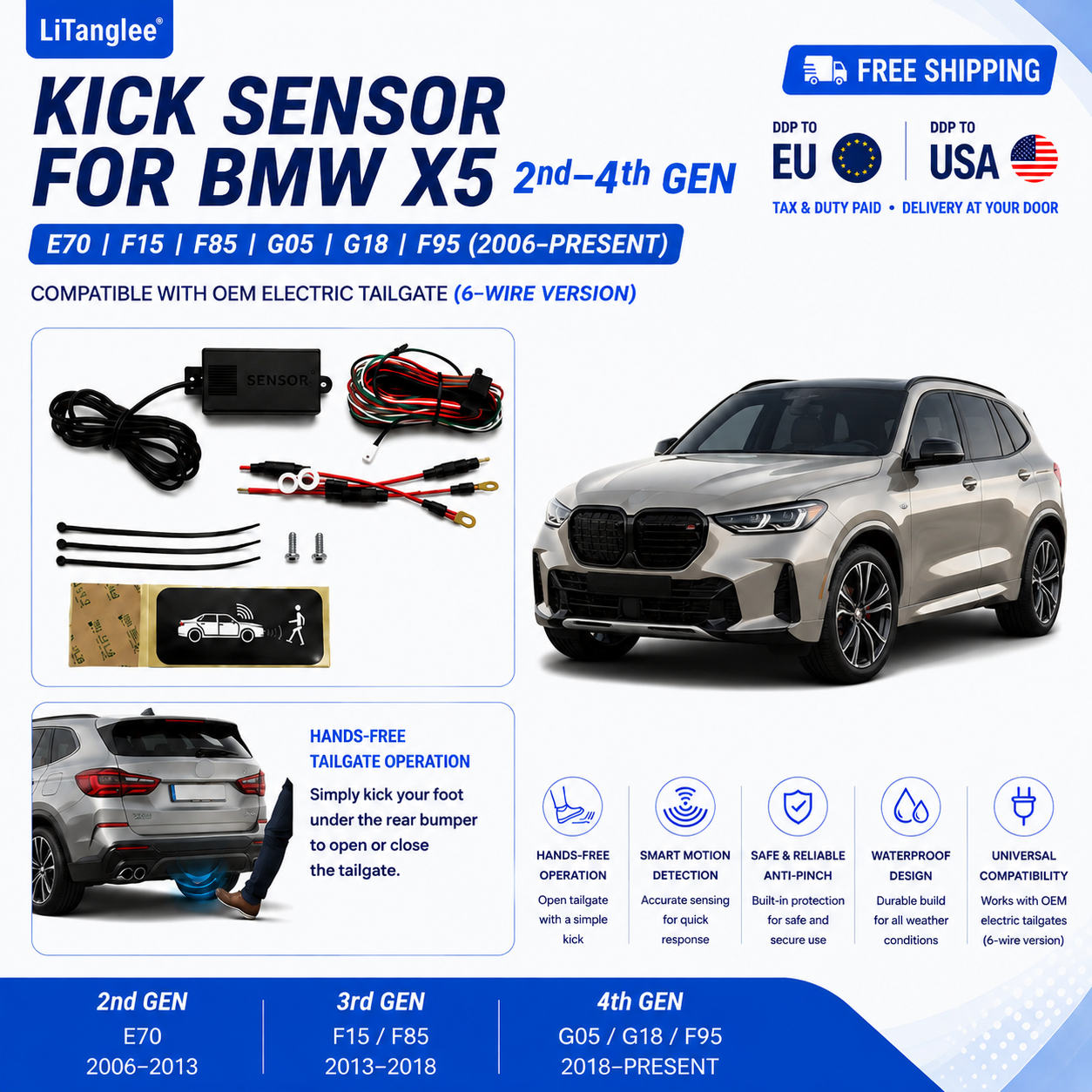 For BMW X5 E70 F15 F85 G05 G18 F95 OEM Electric Power Tailgate Smart Hands-Free Kick Sensor – Foot-Activated Trunk Opening & Closing System