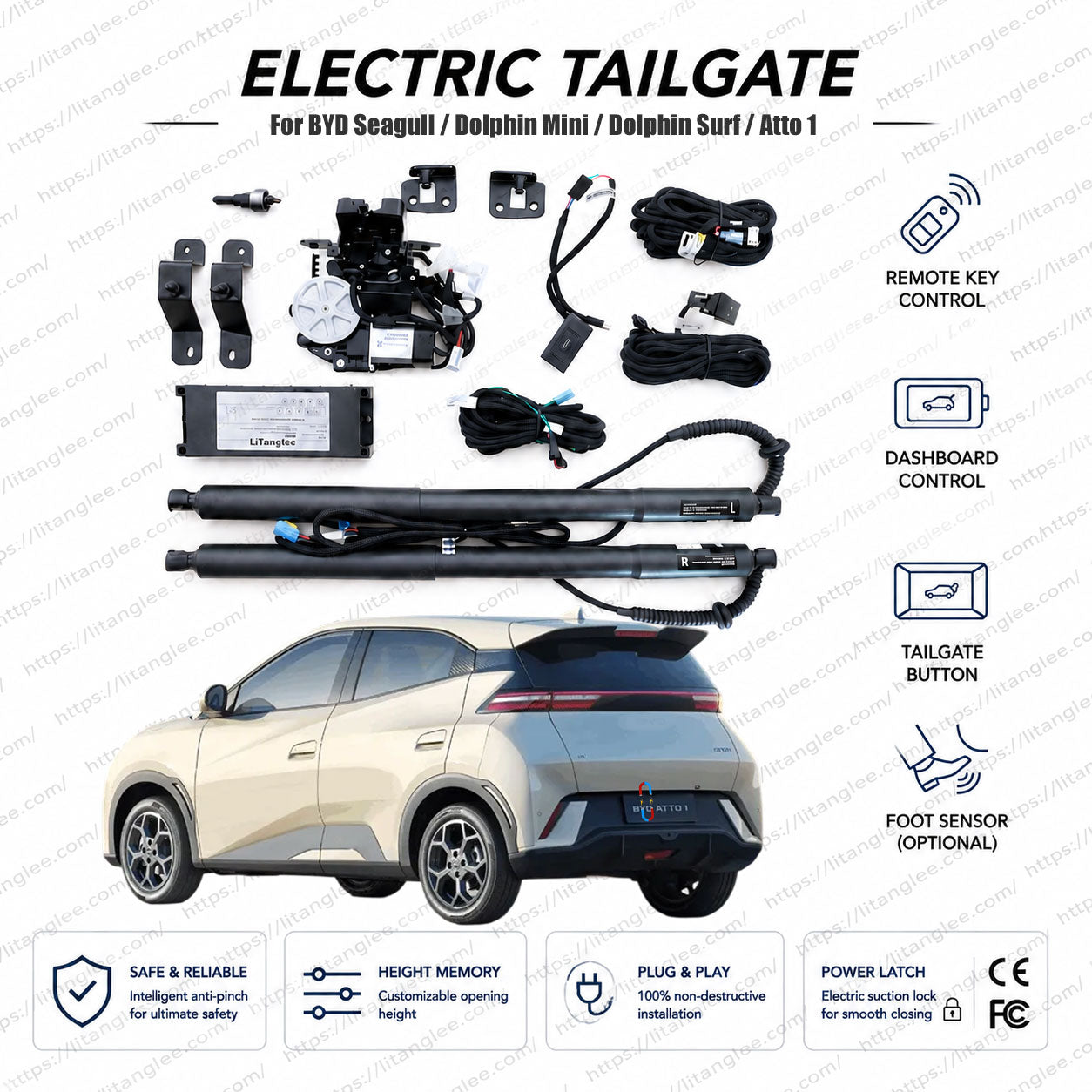 Para BYD Seagull / Dolphin Mini / Dolphin Surf / Atto 1 2023-2027 Kit de portón trasero eléctrico inteligente por LiTanglee® | Apertura eléctrica del maletero con cierre suave | Integración de bus digital completa | Actuadores de ajuste preciso