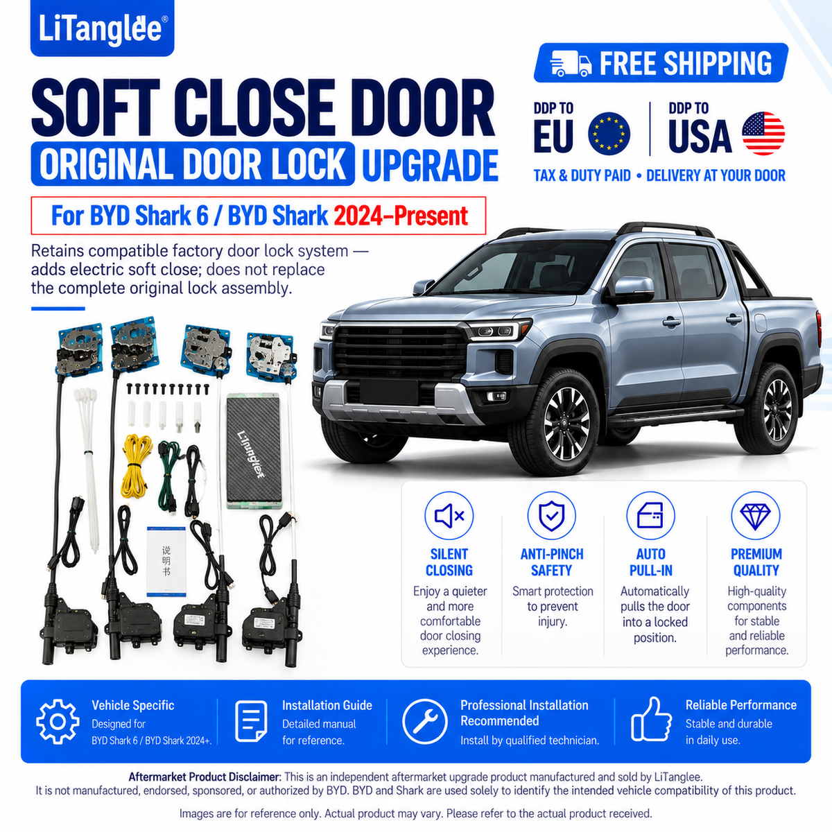 For BYD Shark 6 Shark 2024-Present Premium Electric Soft Close Original Door Lock Upgrade Kit Auto Suction Pickup Truck