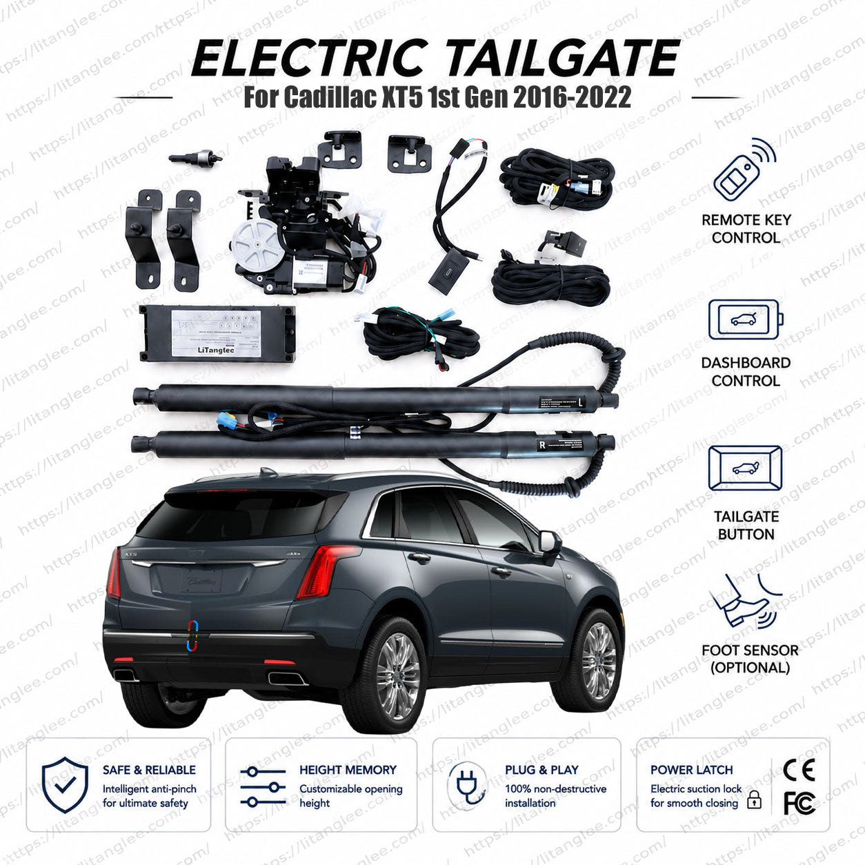 Für Cadillac XT5 1. Gen 2016-2022 Intelligente elektrische Heckklappe von LiTanglee® | Elektrische Kofferraumöffnung mit Soft-Close | Volle digitale Bus-Integration | Vorbereitet für Hands-Free Kick Sensor | Zwei Hochleistungsstreben