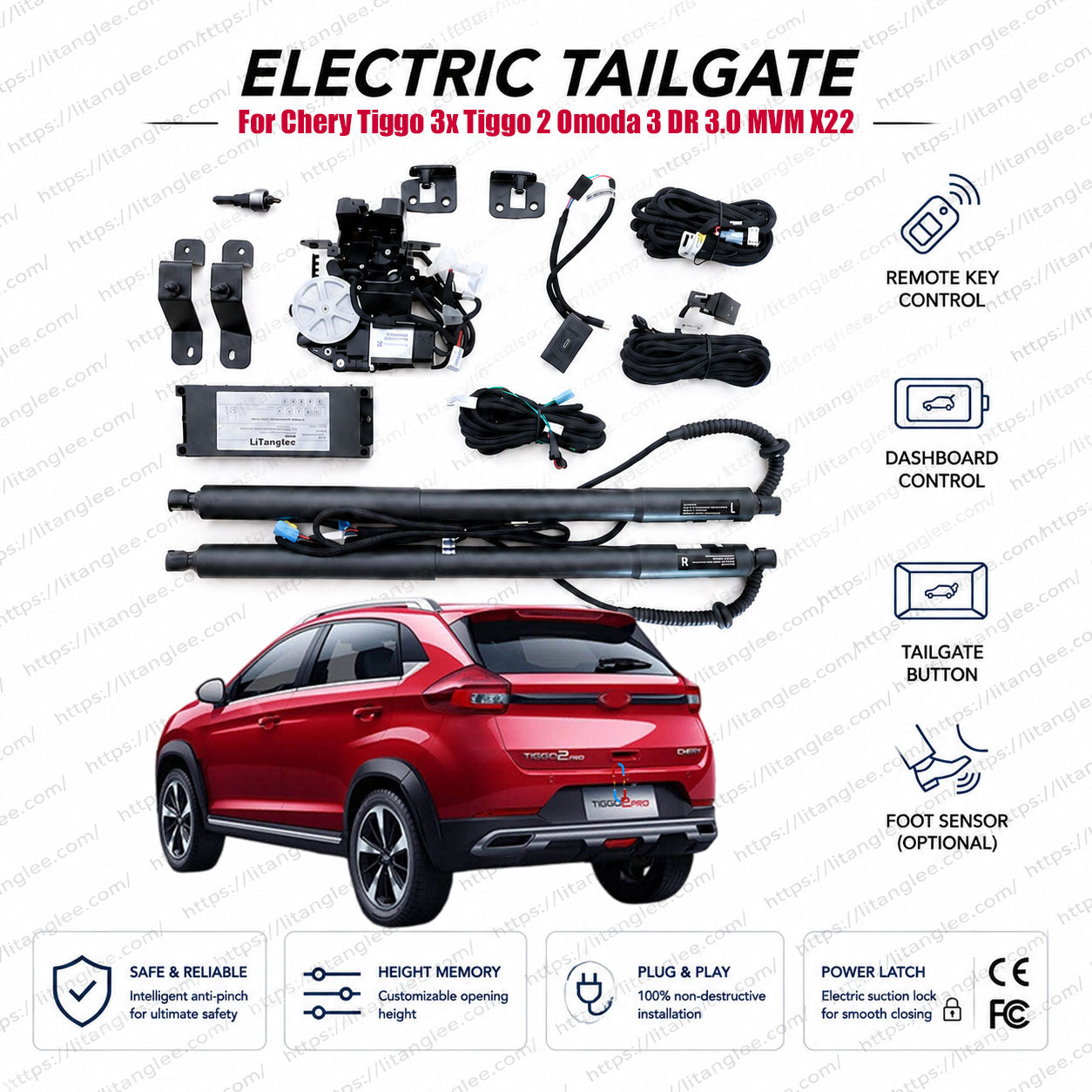 For Chery Tiggo 3x / Tiggo 2 / Omoda 3 2017-2026 Power Tailgate Lift Kit by LiTanglee® | Fits MVM X22, MVM X33 Cross, DR 3.0, Chirey Tiggo 2, Tiggo 1X | Smart Electric Trunk Opener | Dual Struts | CE Certified