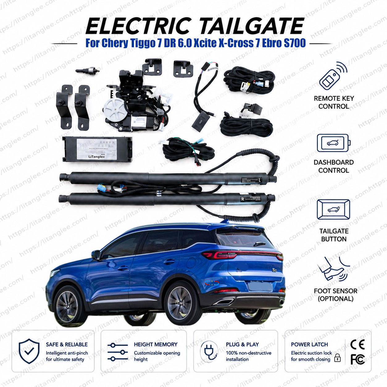 Smart Power Tailgate Lift Kit for Chery Tiggo 7 Pro T1E | Fits Chirey Tiggo 7, DR 6.0, Sportequipe 6, Fownix Tiggo 7 Pro, Xcite X-Cross 7, Ebro S700, Tenet T4L T7 | Smart Electric Trunk Opener | Dual Struts | OEM Fit & CE Certified