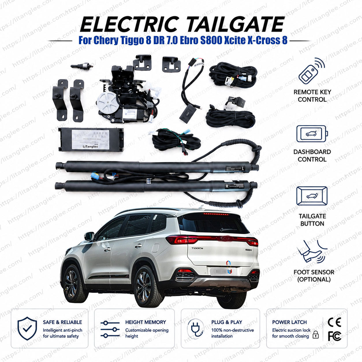 For Chery Tiggo 8 / Chirey Tiggo 8 / T18 2018-2026 Power Tailgate Lift Kit by LiTanglee® | Fits Fownix Tiggo 8, Tiggo Grand Tour, DR 7.0, Sportequipe 7, Ebro S800, Xcite X-Cross 8 | Smart Electric Trunk Opener | Dual Struts | CE Certified