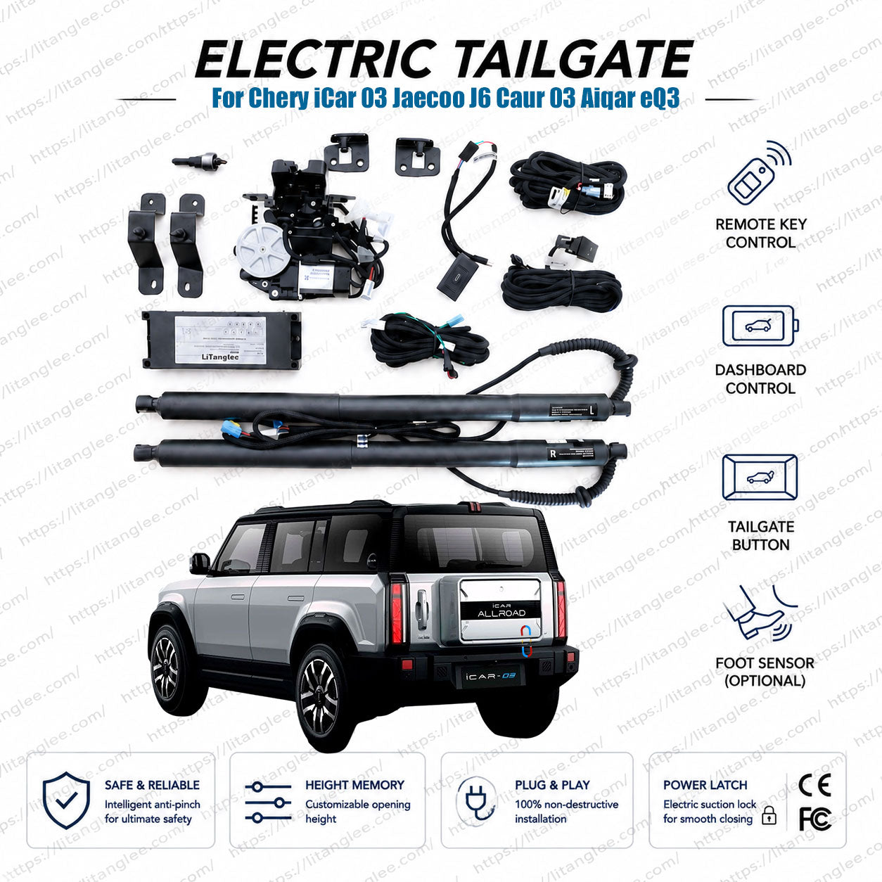 For Chery iCar 03 / Jaecoo J6 / Caur 03 2024-2026 Power Tailgate Lift Kit by LiTanglee® | Fits Jaecoo EJ6, Jaecoo 6 EV, Chery J6, Aiqar eQ3 | Smart Electric Side-Opening Trunk Opener | Heavy-Duty Strut | CE Certified