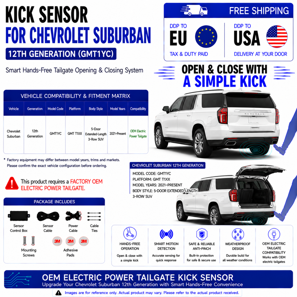 For Chevrolet Suburban 12th Gen GMT1YC OEM Electric Power Tailgate Smart Hands-Free Kick Sensor – Foot-Activated Tailgate Opening & Closing System