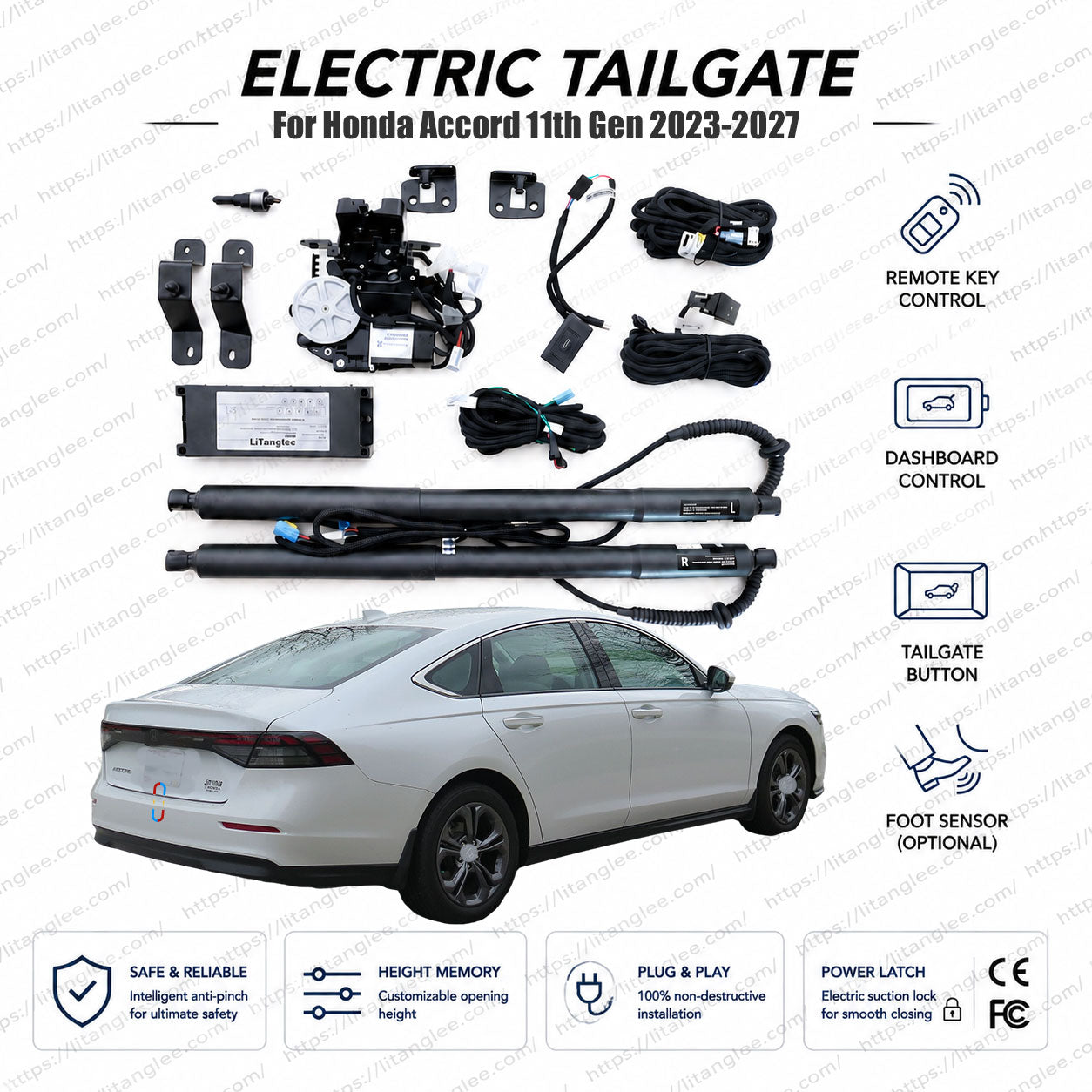 For Honda Accord 11th Generation 2023-2027 Smart Power Tailgate Lift Kit by LiTanglee® | Smart Electric Trunk Opener | Fits Accord LX, EX, Sport, EX-L, Sport-L, Touring i-MMD Hybrid, CY1, CY2 | Dual Struts | CE Certified
