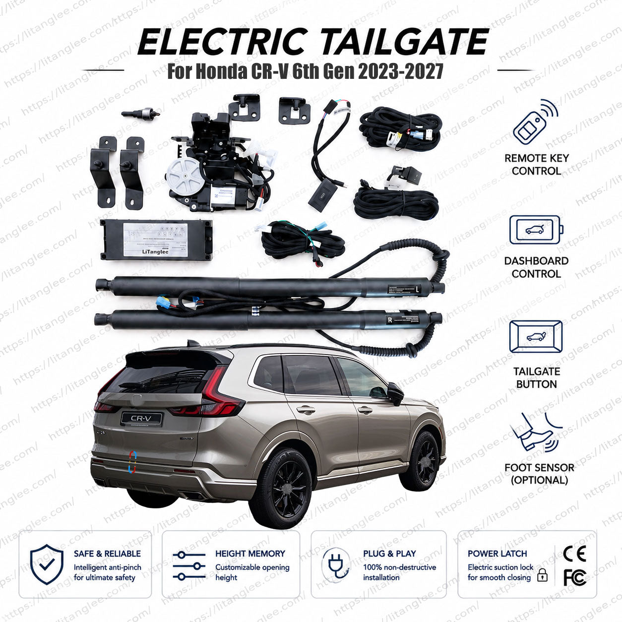 For Honda CR-V 6th Generation 2023-2027 Smart Power Tailgate Lift Kit by LiTanglee® | Smart Electric Trunk Opener | Fits CR-V LX, EX, Sport, e:HEV Hybrid, Turbo, RS3, RS4, RT7, RT8 | Dual Struts | CE Certified