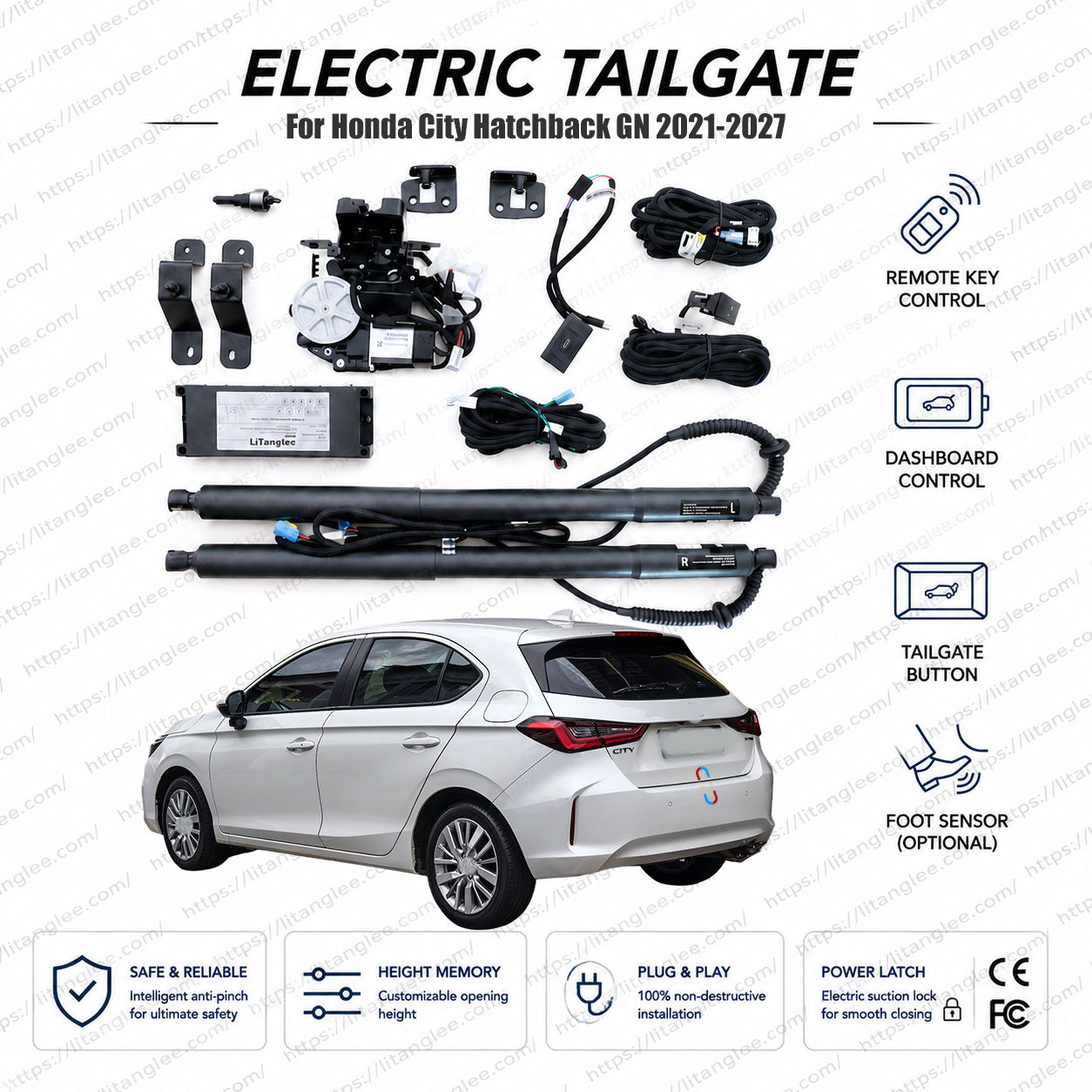 Für Honda City Hatchback GN5 GN6 GN7 Serie 2021-2026 Smart Power Heckklappen-Hebekit von LiTanglee® | Intelligenter elektrischer Kofferraumöffner | Passend für City Hatchback RS, e:HEV Hybrid, V, S+, GN-Fahrgestell | Doppelte Streben | CE-zertifiziert