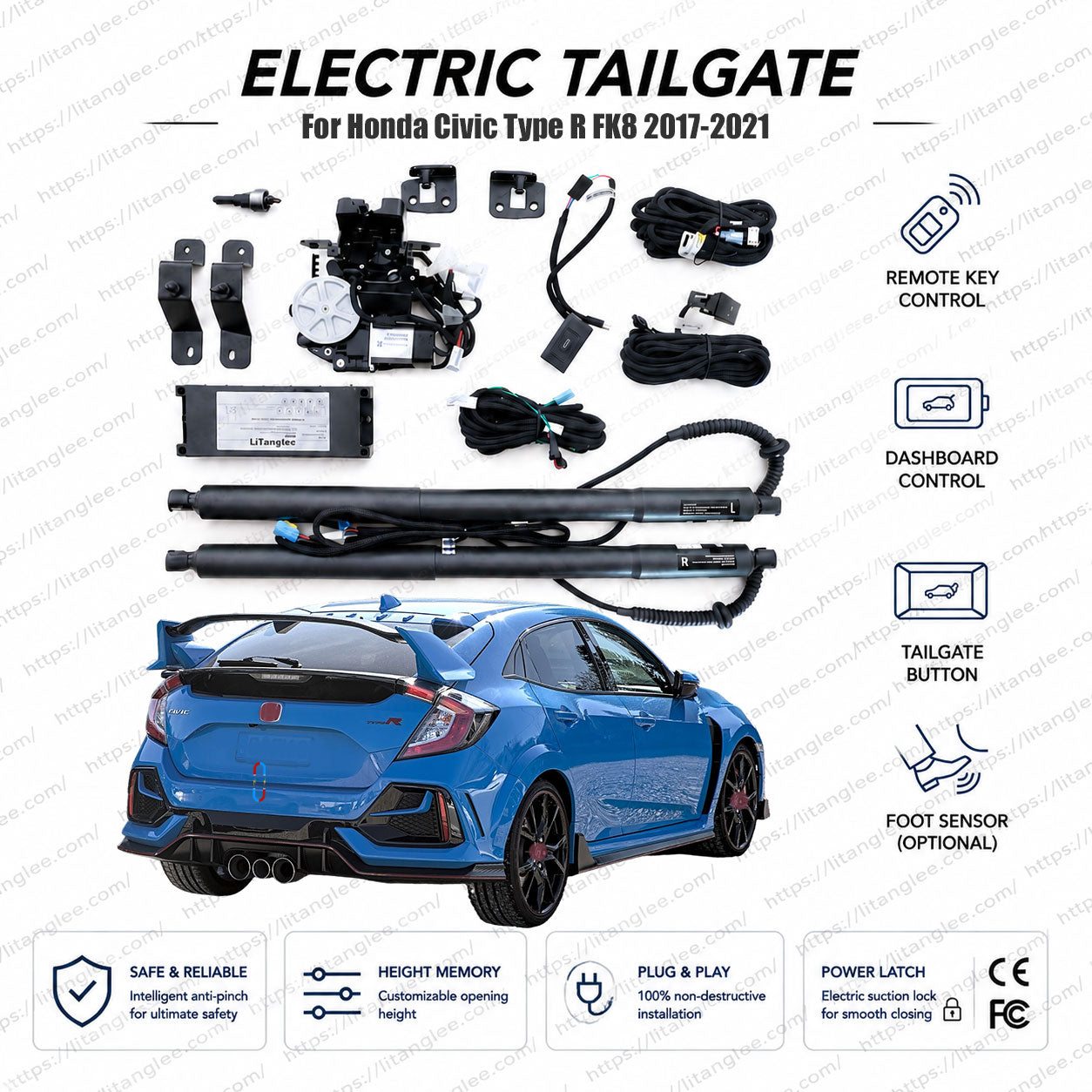For Honda Civic Type R FK8 Hatchback 2017-2021 Smart Power Tailgate Lift Kit by LiTanglee® | Smart Electric Trunk Opener | Fits Civic Type R Base, Touring Specs, FK8 Chassis | Heavy-Duty Spoiler-Calibrated Dual Struts | CE Certified