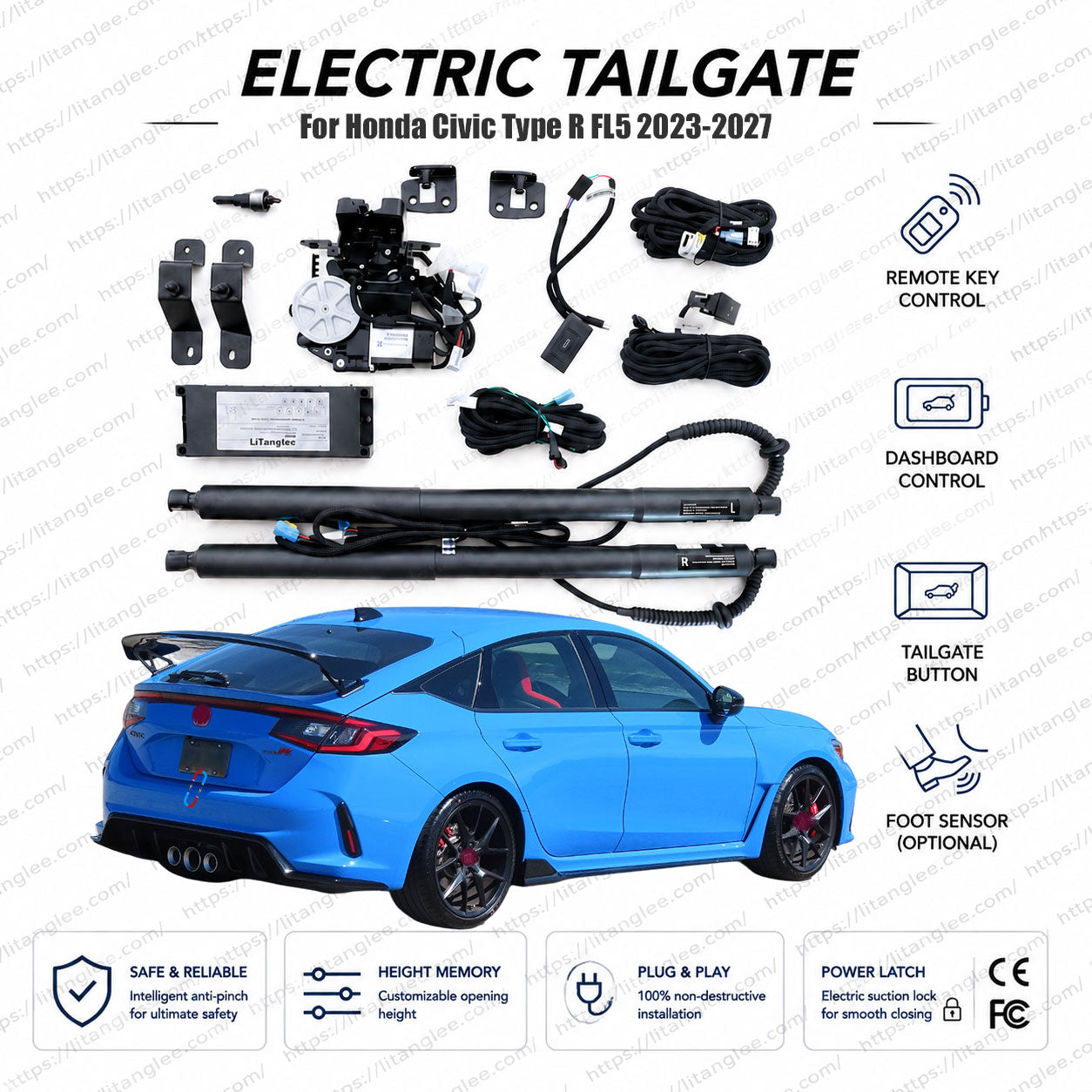 For Honda Civic Type R FL5 Hatchback 2023-2027 Smart Power Tailgate Lift Kit by LiTanglee® | Smart Electric Trunk Opener | Fits Civic Type R Base, High Specs, FL5 Chassis | Heavy-Duty Spoiler-Calibrated Dual Struts | CE Certified
