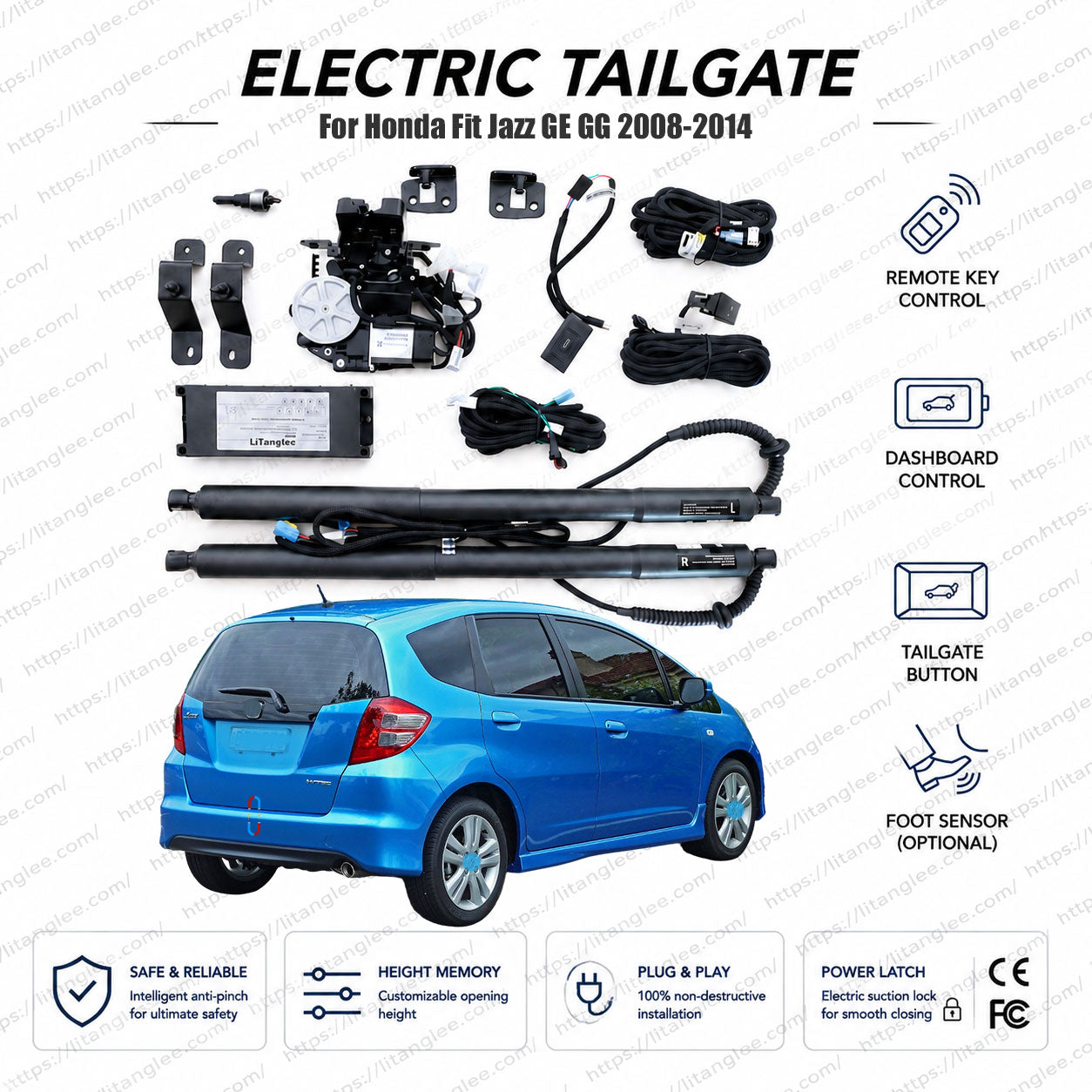 For Honda Fit / Jazz GE GG Series 2008-2014 Smart Power Tailgate Lift Kit by LiTanglee® | Smart Electric Trunk Opener | Fits Fit Sport, LX, Jazz Comfort, Elegance, GE6, GE8 Chassis | Dual Struts | CE Certified