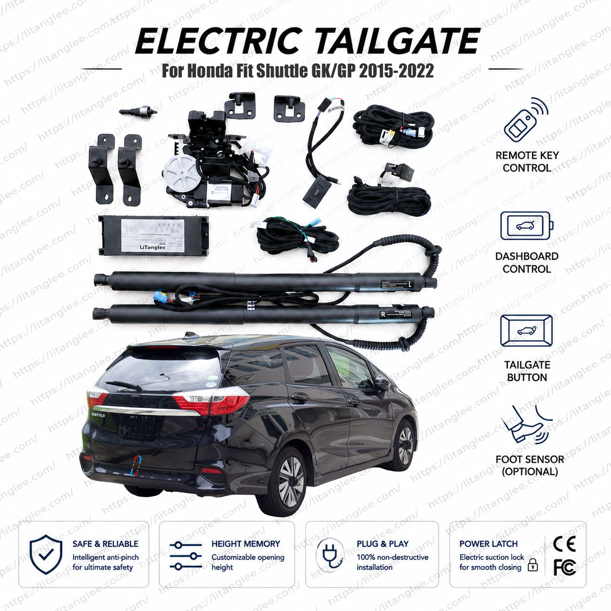 Für Honda Fit Shuttle GK8 GK9 GP7 GP8 Serie 2015-2022 Smart Power Heckklappenlift-Kit von LiTanglee® | Intelligenter elektrischer Kofferraumöffner | Passend für Shuttle Hybrid X, Z, G, Honda SENSING, GK GP Chassis | Zwei Streben | CE-zertifiziert