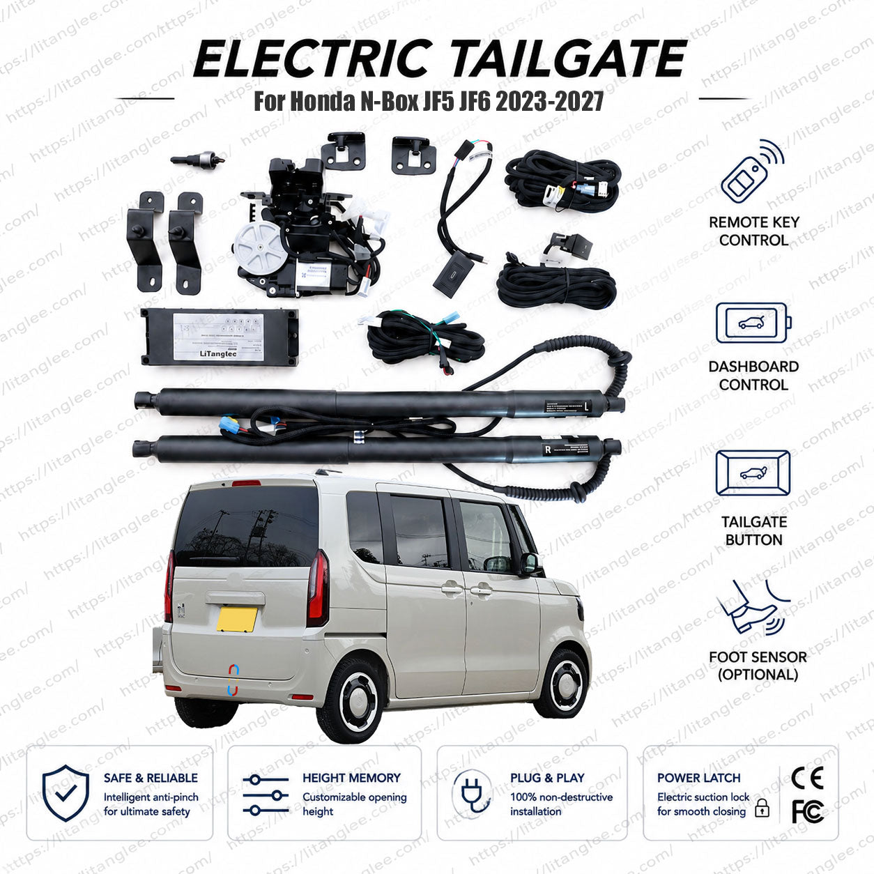Für Honda N-Box / N-Box Custom JF5 JF6 Serie 2023-2026 Smart Power Heckklappen-Lift-Kit von LiTanglee® | Intelligenter elektrischer Kofferraumöffner | Passend für N-Box Custom Turbo, Fashion Style, Basis-Ausstattung | Duale Streben | CE-zertifiziert