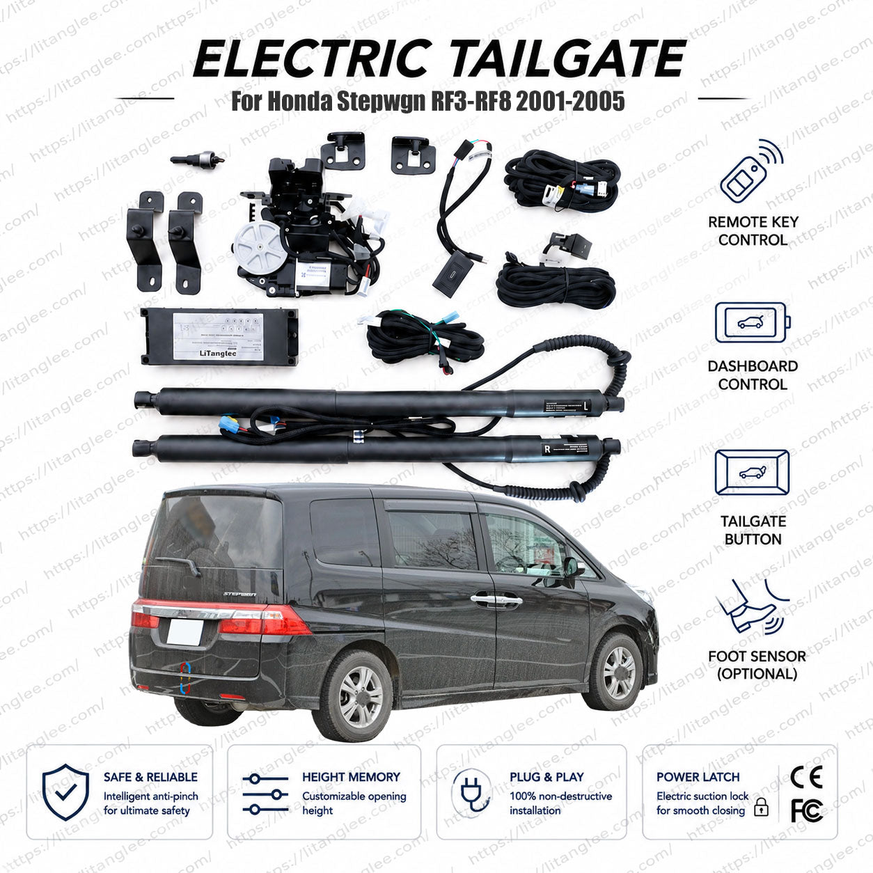 For Honda Stepwgn RF3-RF8 Series 2001-2005 Smart Power Tailgate Lift Kit by LiTanglee® | Smart Electric Trunk Opener | Fits Stepwgn Spada, K, D, I, 24L Variants, RF3 to RF8 Chassis | Heavy-Duty Dual Struts | CE Certified