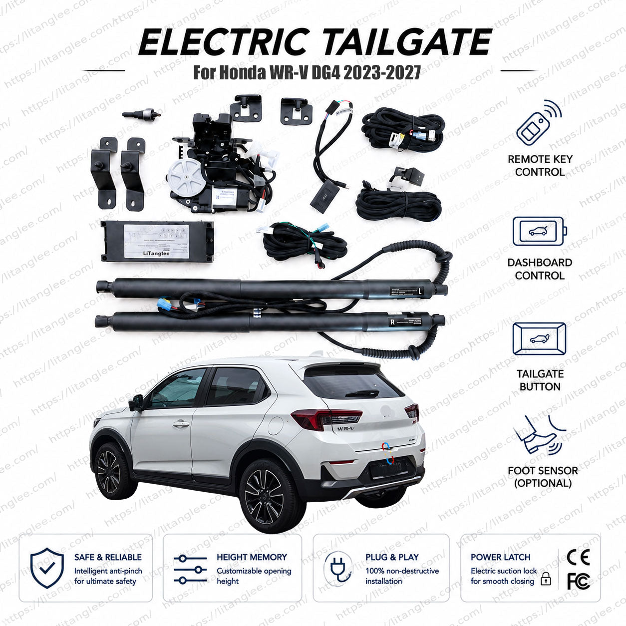 Para Honda WR-V Serie DG4 2023-2027 Kit de portón trasero eléctrico inteligente de LiTanglee® | Abremaletero eléctrico inteligente | Compatible con WR-V Z, X, RS Sport, Chasis DG4 Matrix | Doble amortiguador de alta resistencia | Certificación CE