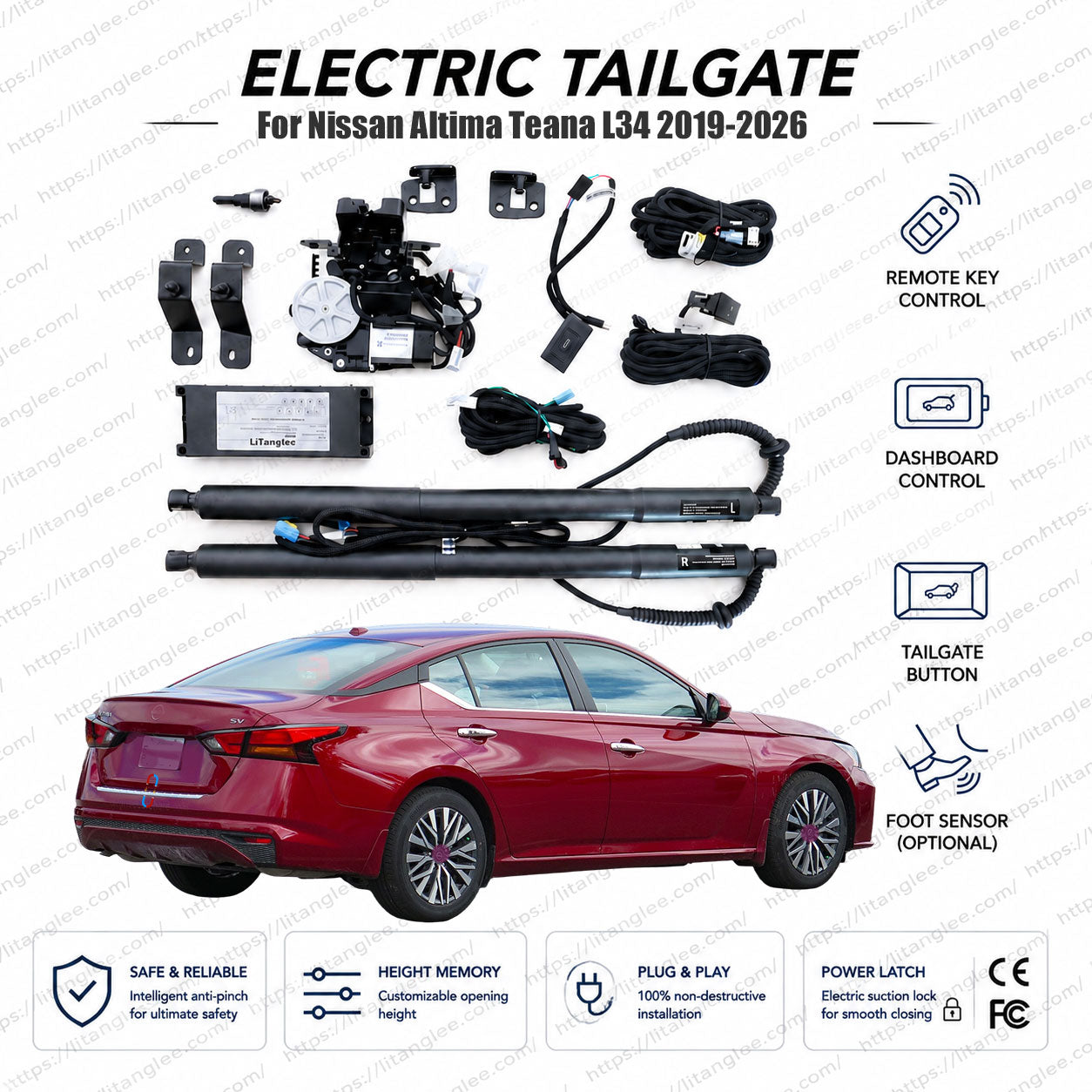For Nissan Altima / Teana L34 Series 2019-2026 Smart Power Tailgate Lift Kit by LiTanglee® | Smart Electric Trunk Opener with Soft Close | Fits Teana XV, Altima S, SV, SR Turbo, Platinum, L34 Chassis | Heavy-Duty Dual Struts | CE Certified