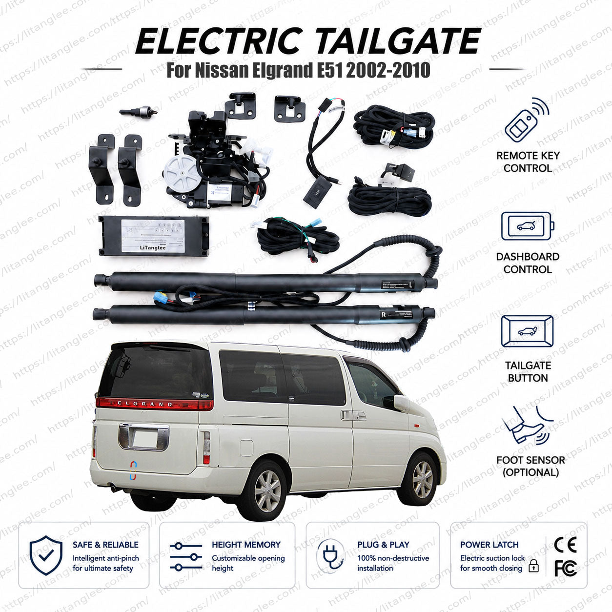 For Nissan Elgrand E51 Series 2002-2010 Smart Power Tailgate Lift Kit by LiTanglee® | Smart Electric Trunk Opener with Soft Close | Fits Elgrand Highway Star, XL, X, VG, Rider Trims, E51 Chassis | Heavy-Duty Dual Struts | CE Certified