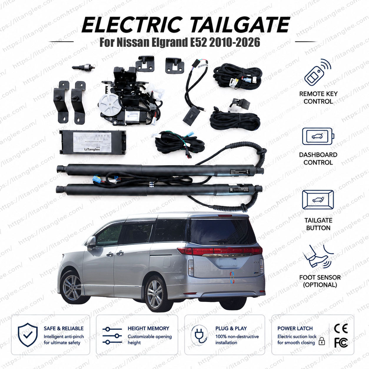 Für Nissan Elgrand E52 Serie 2010-2026 Smart Power Heckklappenlift-Kit von LiTanglee® | Intelligenter elektrischer Kofferraumöffner mit Soft-Close | Passend für Elgrand Highway Star, 250XG, Rider, E52 Chassis | Dual-Streben | CE-zertifiziert
