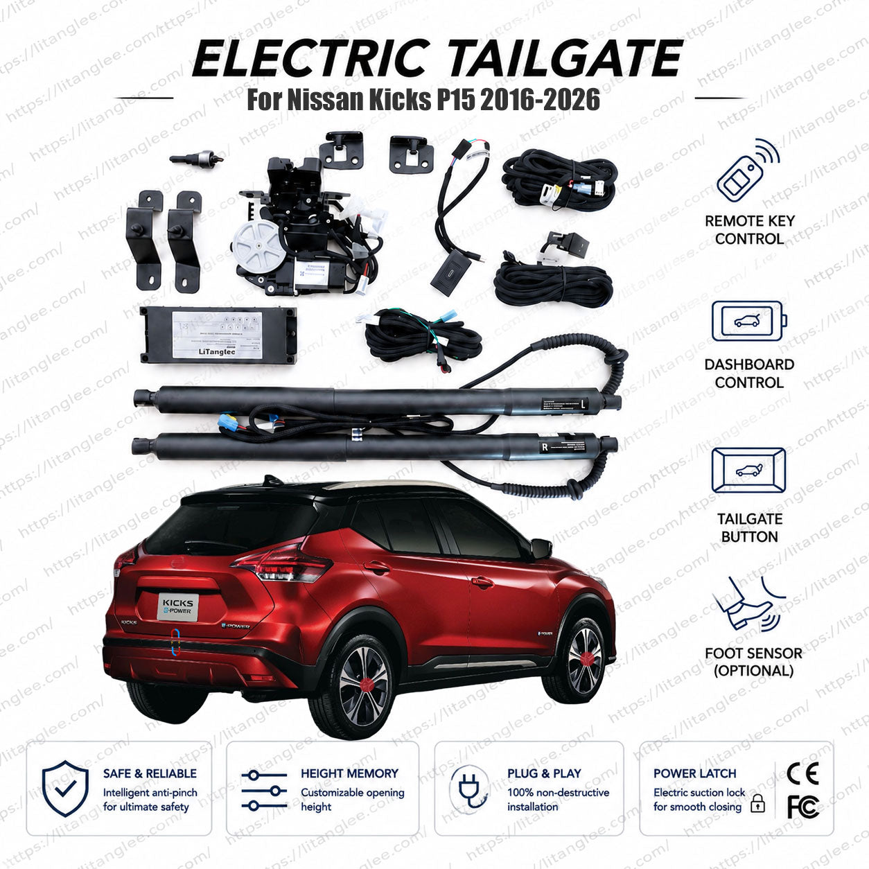 For Nissan Kicks P15 Series 2016-2026 Smart Power Tailgate Lift Kit by LiTanglee® | Smart Electric Trunk Opener | Fits Kicks e-POWER, S, SV, SR Sport, P15 Chassis Matrix | Heavy-Duty Dual Struts | CE Certified