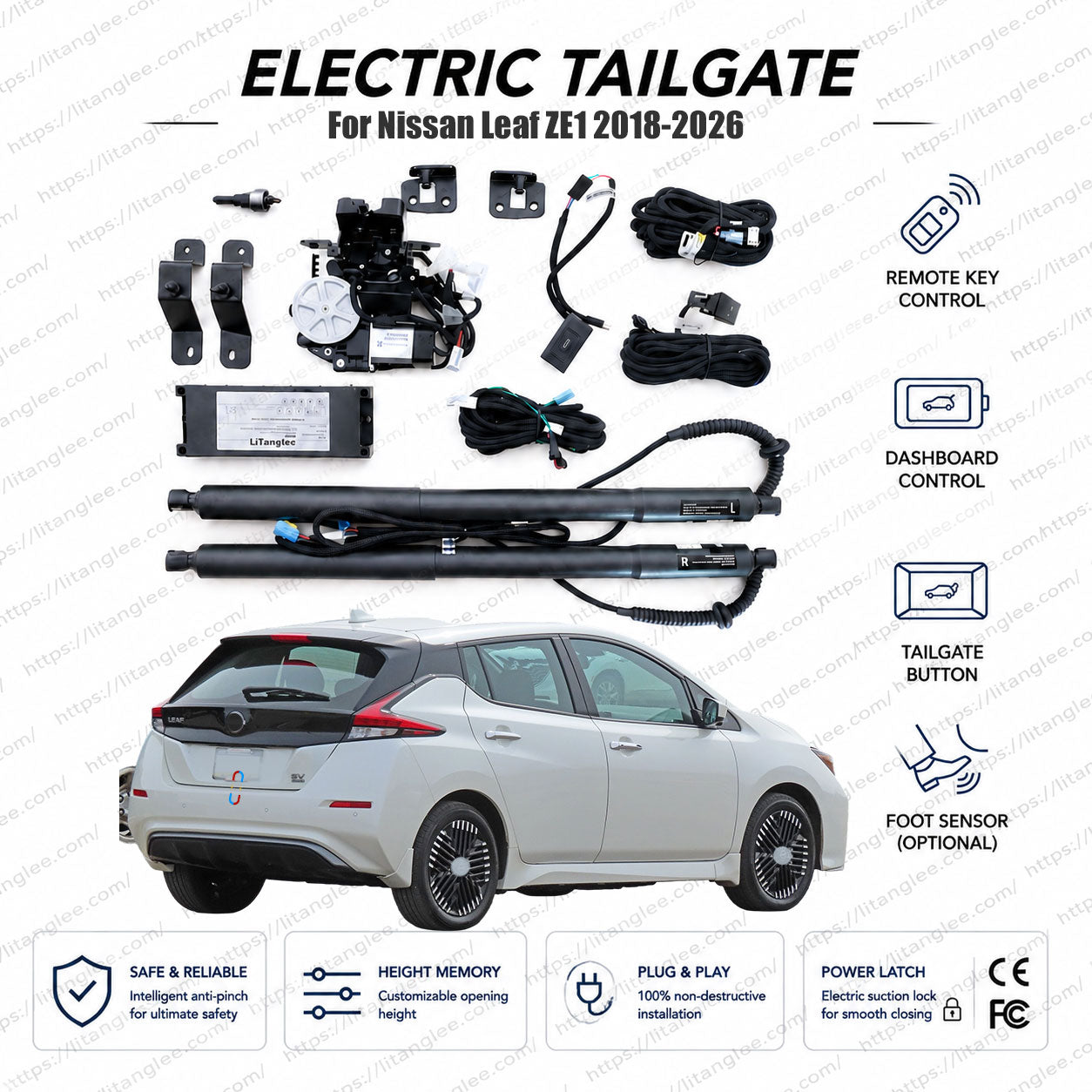 Für Nissan Leaf ZE1 Serie 2018-2026 Smart Power Heckklappenlift-Kit von LiTanglee® | Intelligenter elektrischer Kofferraumöffner mit Soft Close | Passend für Leaf SV, SL Plus, Tekna, NISMO, ZE1 Fahrgestell | Zwei Streben | CE-zertifiziert
