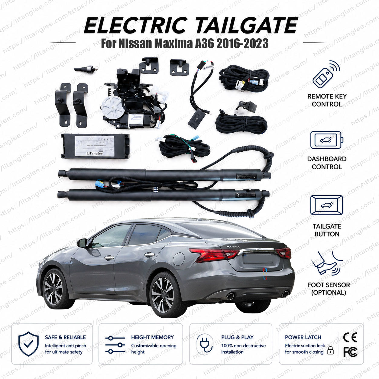 Für Nissan Maxima A36 Serie 2016-2023 Smart Power Heckklappenlift-Kit von LiTanglee® | Intelligenter elektrischer Kofferraumöffner mit Soft-Close | Passend für Maxima SV, SL, SR Sport, Platinum, A36 Chassis | Duale Streben | CE-zertifiziert