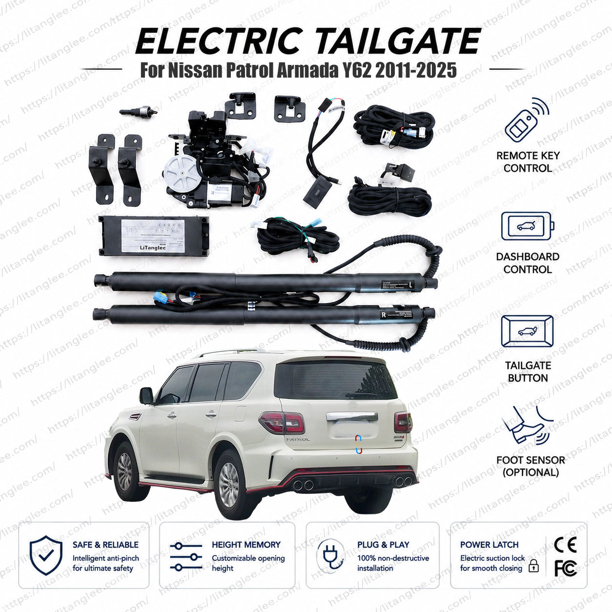 Für Nissan Patrol / Armada Y62 Serie 2011-2025 Smart Power Heckklappen-Lift-Kit von LiTanglee® | Intelligenter elektrischer Kofferraumöffner | Passend für Patrol XE, SE, LE, Armada S, SV, SL, Y62 Chassis | Robuste Doppelstreben | CE-zertifiziert