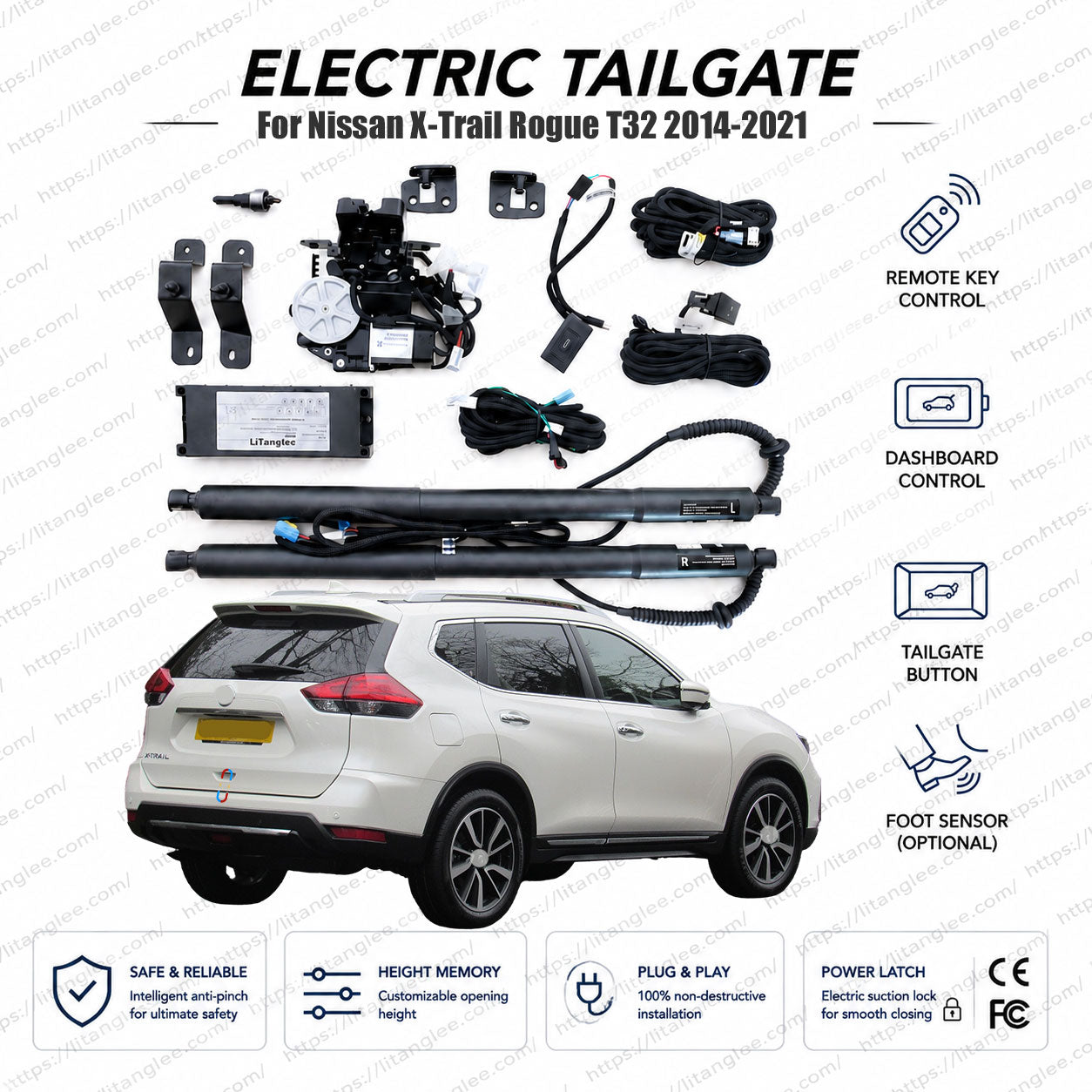 For Nissan X-Trail / Rogue T32 Series 2014-2021 Smart Power Tailgate Lift Kit by LiTanglee® | Smart Electric Trunk Opener | Fits X-Trail Visia, Acenta, N-Connecta, Rogue S, SV Trims, T32 Chassis | Dual Struts | CE Certified