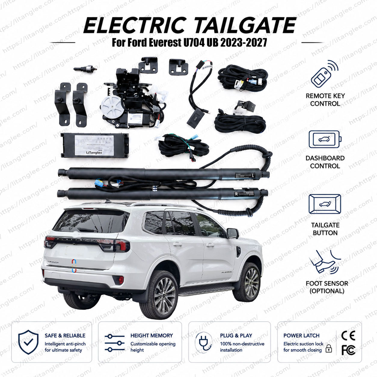 For Ford Everest U704 / UB 2023-2027 Smart Power Tailgate Lift Kit by LiTanglee® | Smart Electric Trunk Opener | Fits Everest Ambiente, Trend, 4x4, EcoBoost, V6 Turbo Diesel | Dual Struts | CE Certified