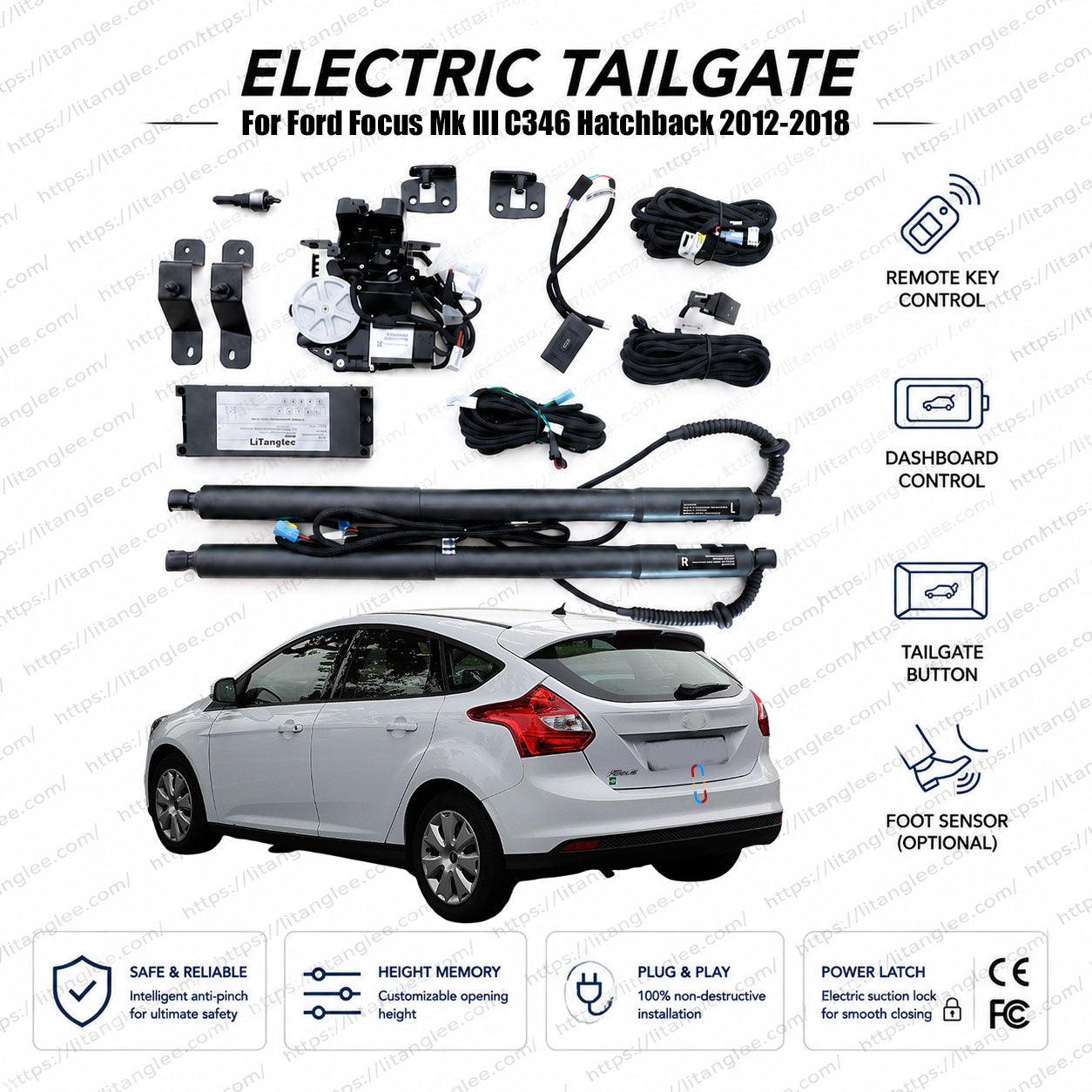 For Ford Focus Mk III C346 Hatchback 2012-2018 Smart Power Tailgate Lift Kit by LiTanglee® | Smart Electric Trunk Opener | Fits Focus 5-Door Hatch, Trend, Titanium, Zetec, ST-Line | Dual Struts | CE Certified