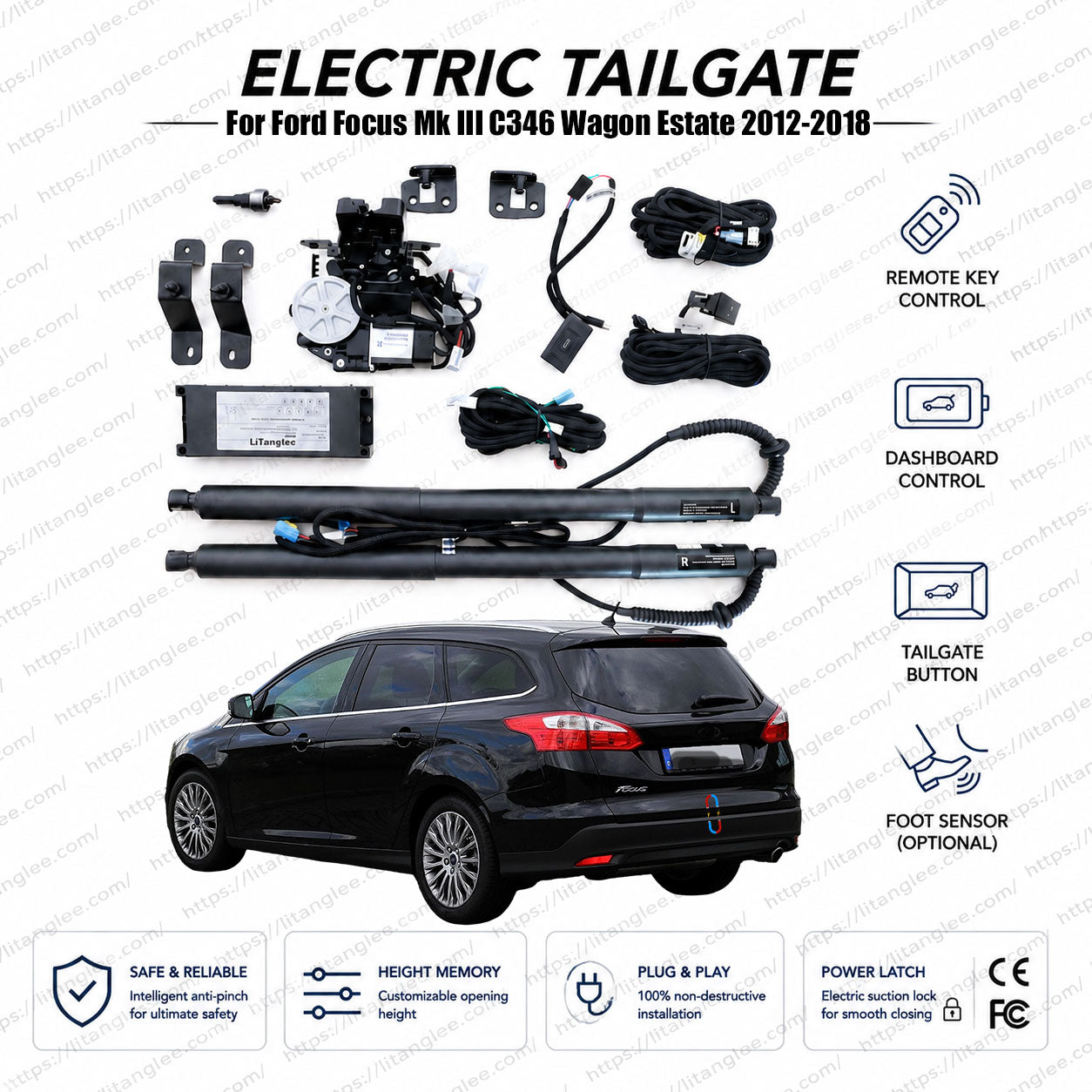 Für Ford Focus Mk III C346 Kombi 2012-2018 Smart Power Heckklappen-Lift-Kit von LiTanglee® | Intelligenter elektrischer Kofferraumöffner | Passend für Focus Estate, Wagon, Trend, Titanium | Zwei Gasdruckfedern | CE-zertifiziert