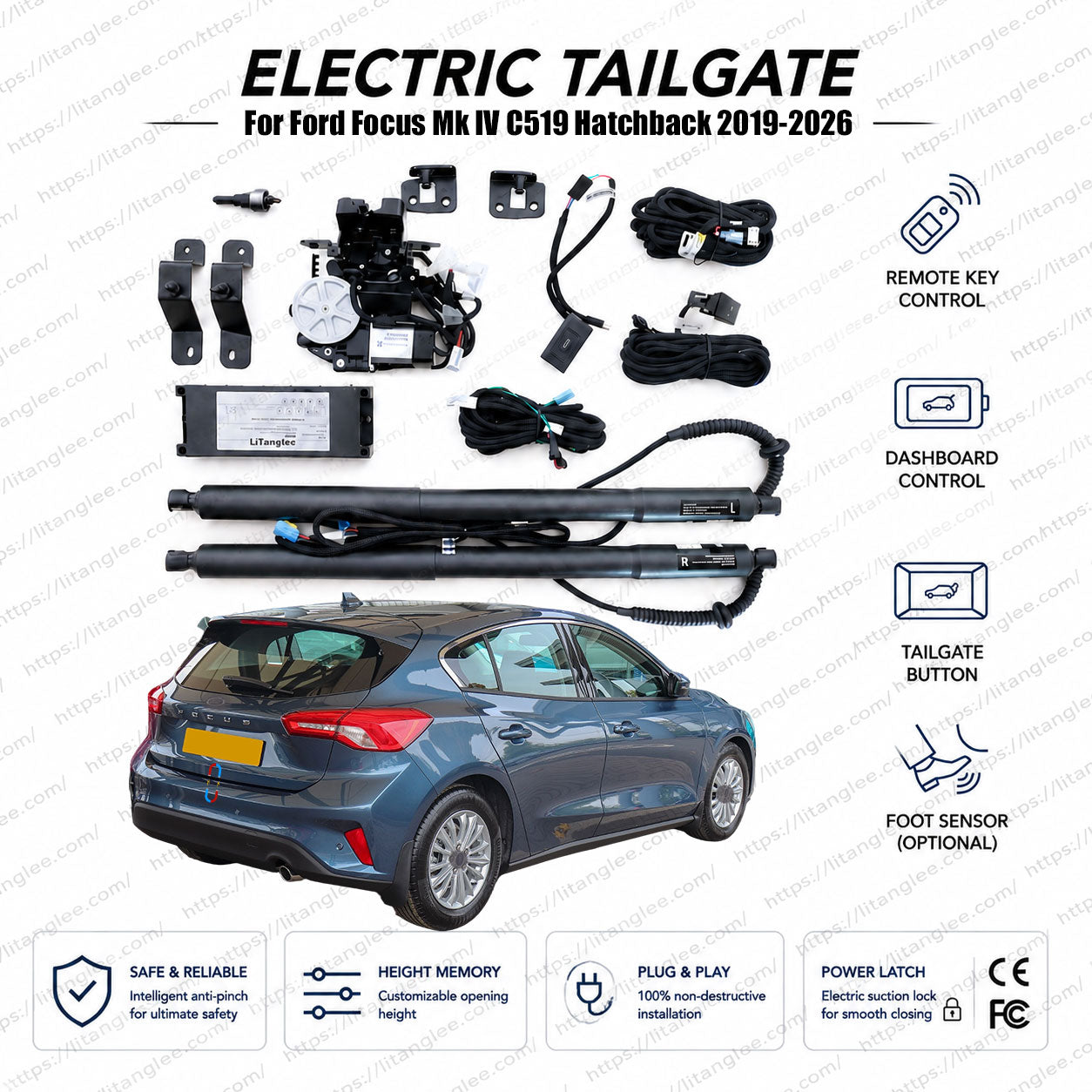 Für Ford Focus Mk IV C519 Schrägheck 2019-2026 Smart Power Heckklappenlift-Kit von LiTanglee® | Intelligenter elektrischer Kofferraumöffner | Passend für Focus Active, ST-Line, Trend, Titanium, Zetec | Zwei Streben | CE-zertifiziert