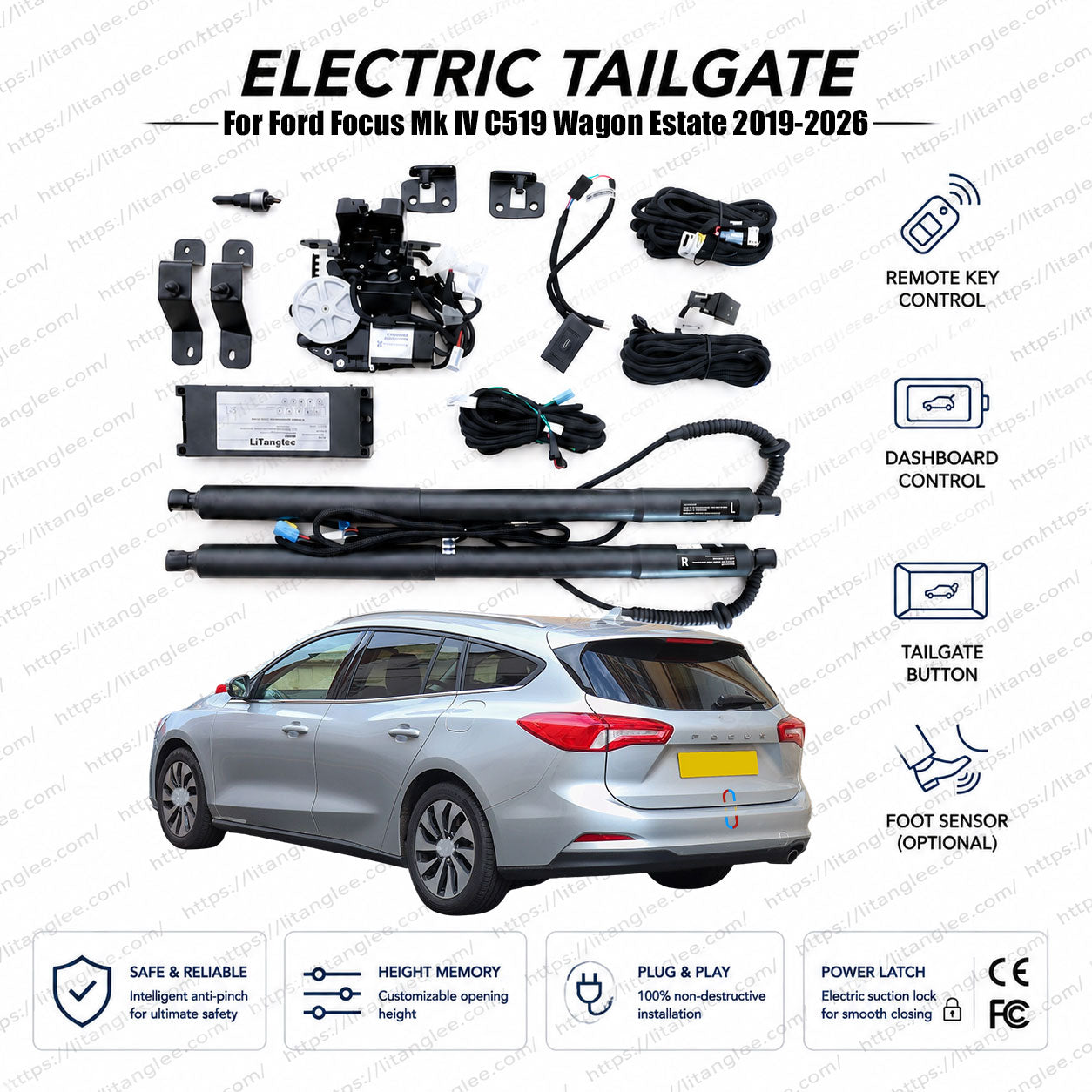 Für Ford Focus Mk IV C519 Kombi 2019-2026 Smart Power Heckklappen-Nachrüstsatz von LiTanglee® | Intelligenter elektrischer Kofferraumöffner | Passend für Focus Active Kombi, ST-Line Kombi, Trend, Titanium | Zwei Gasdruckfedern | CE-zertifiziert