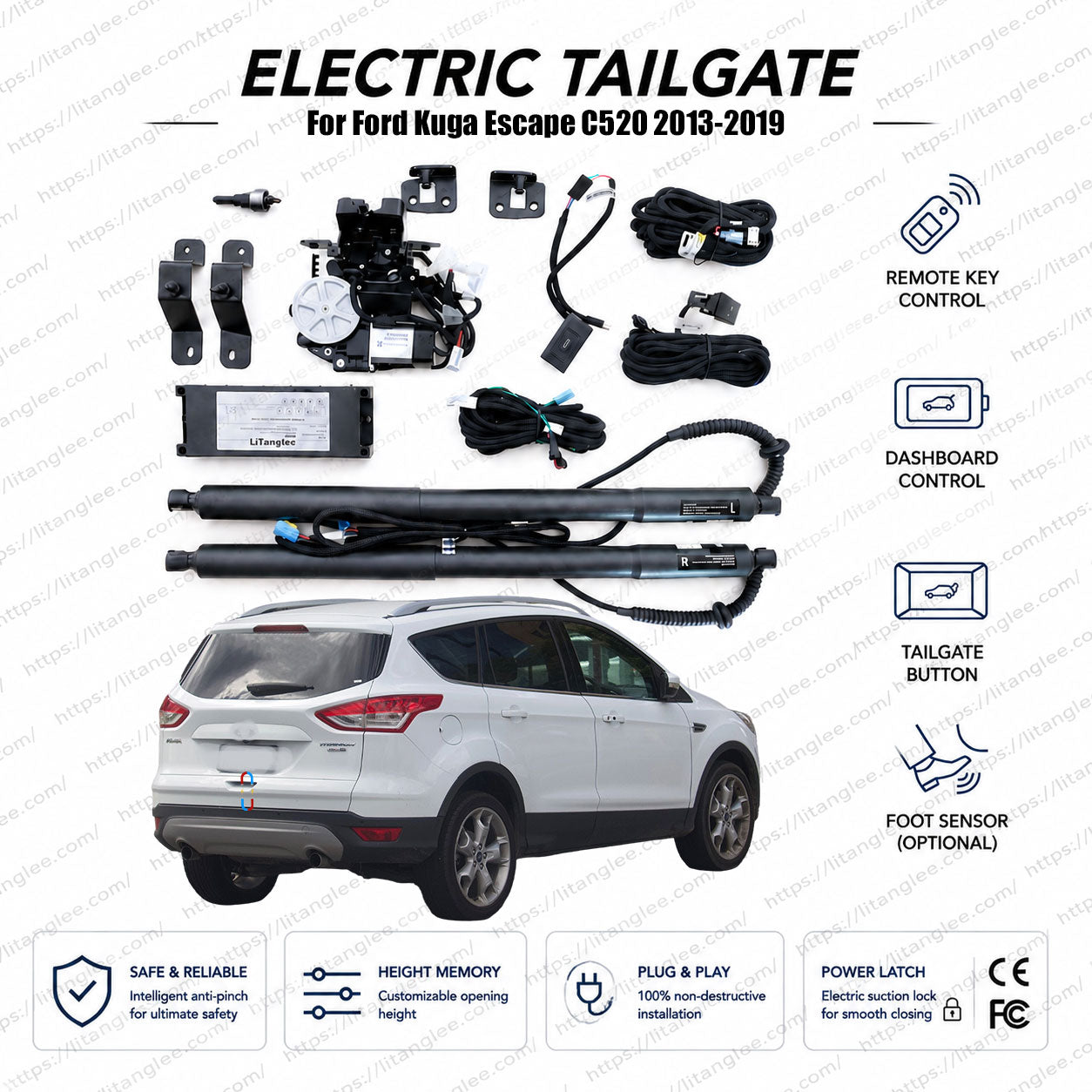 For Ford Kuga / Escape C520 2013-2019 Smart Power Tailgate Lift Kit by LiTanglee® | Smart Electric Trunk Opener | Fits Kuga Trend, Zetec, Titanium, Ambiente | Dual Struts | CE Certified