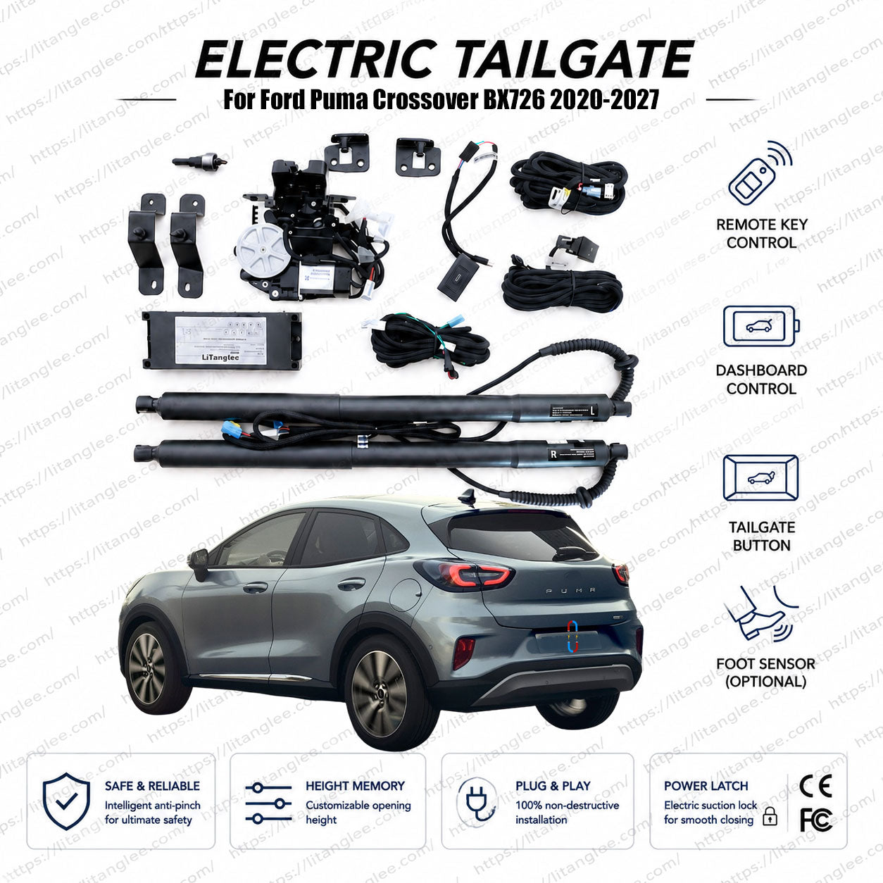 For Ford Puma Crossover BX726 2020-2027 Smart Power Tailgate Lift Kit by LiTanglee® | Smart Electric Trunk Opener | Fits Puma EcoBoost Hybrid mHEV, Titanium, ST-Line, ST-Line X | Dual Struts | CE Certified