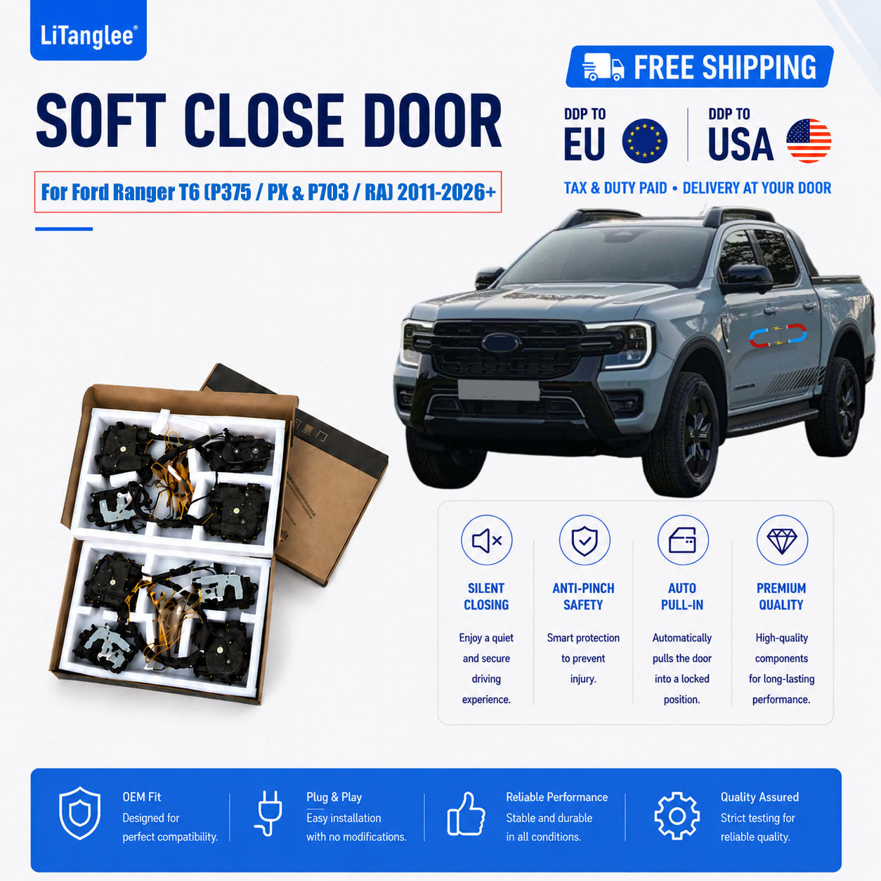 For Ford Ranger T6 (P375 / PX & P703 / RA) (2011-2026+) Electric Soft Close Door Upgrade Kit | LiTanglee