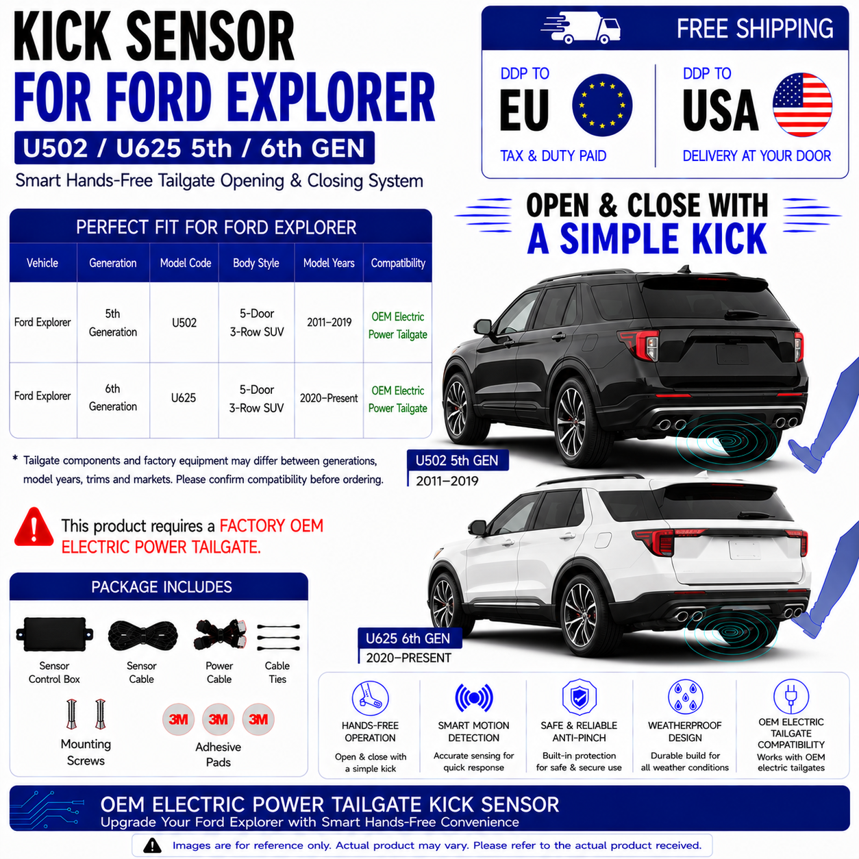For Ford Explorer U502 U625 5th 6th Gen OEM Electric Power Tailgate Smart Hands-Free Kick Sensor – Foot-Activated Tailgate Opening & Closing System