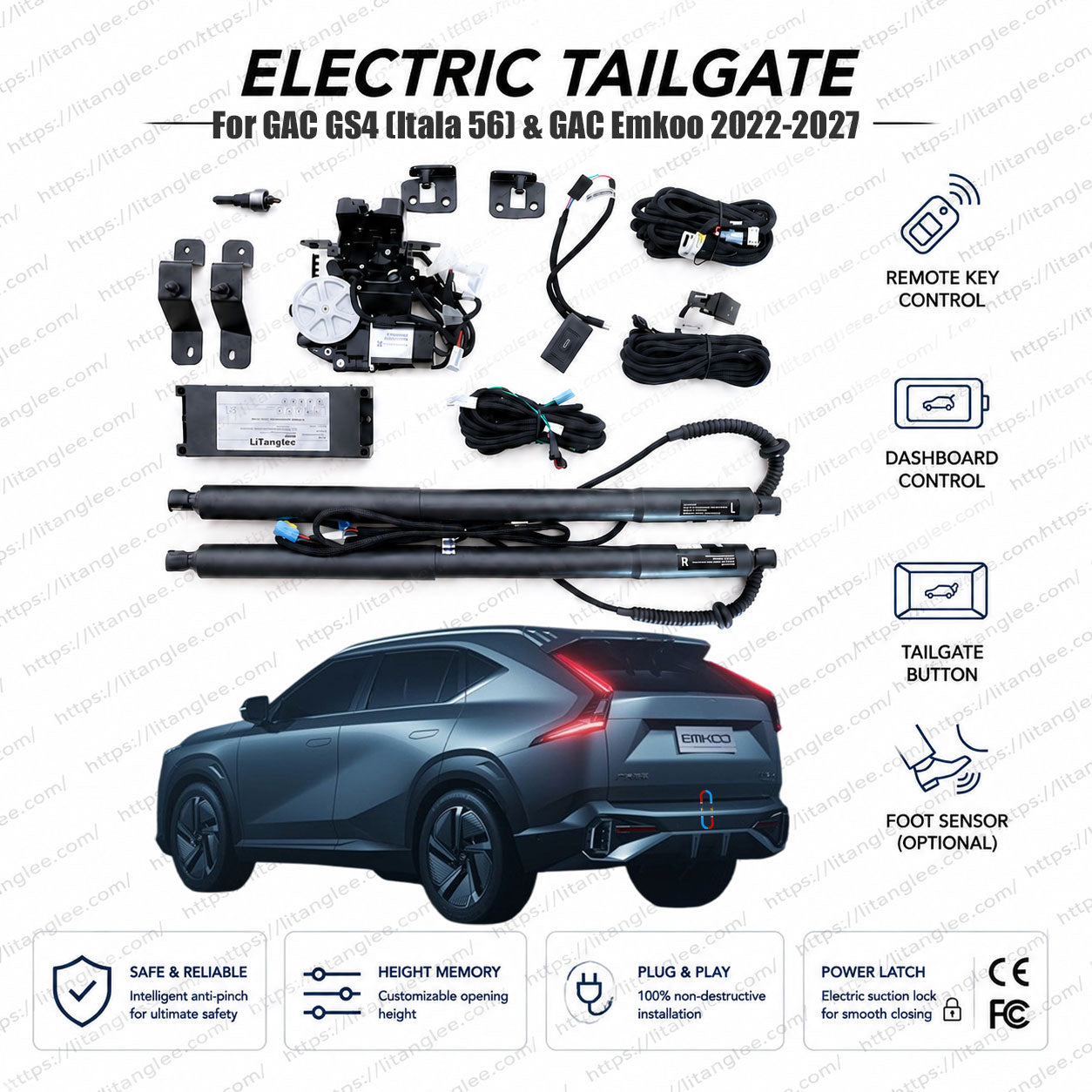 For GAC GS4 (Itala 56) & GAC Emkoo 2022-2027 Smart Power Tailgate Lift Kit by LiTanglee® | Electric Trunk Opener with Soft Close | Precision-Engineered for GAC Platform | CAN-Bus Integrated | Non-Destructive Installation