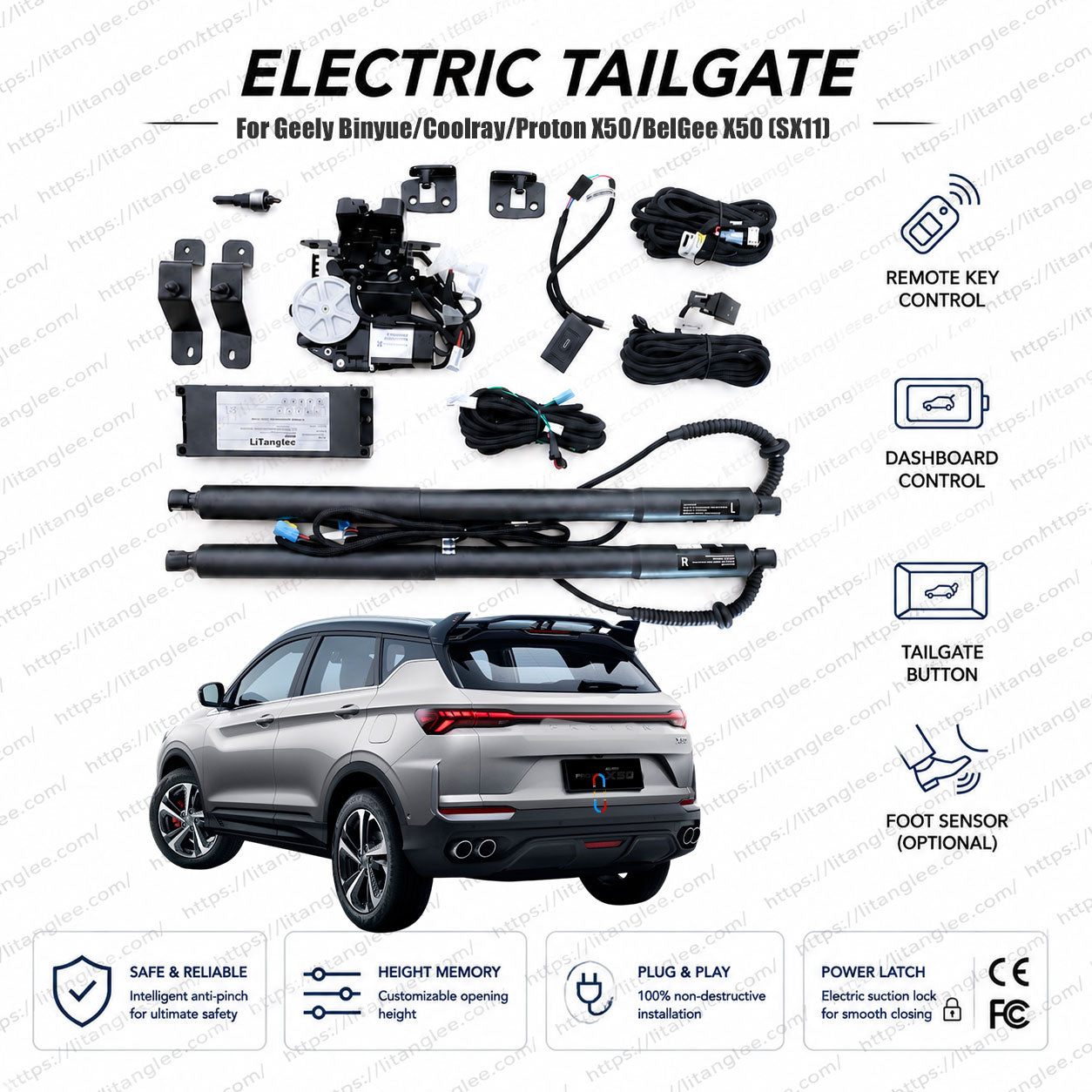 For Geely Binyue / Coolray / Proton X50 / BelGee X50 (SX11) 2018-2026 Smart Power Tailgate Lift Kit by LiTanglee® | Electric Trunk Opener with Soft Close | Full Digital Bus Integration | Precision-Fit Actuators | Non-Destructive Installation