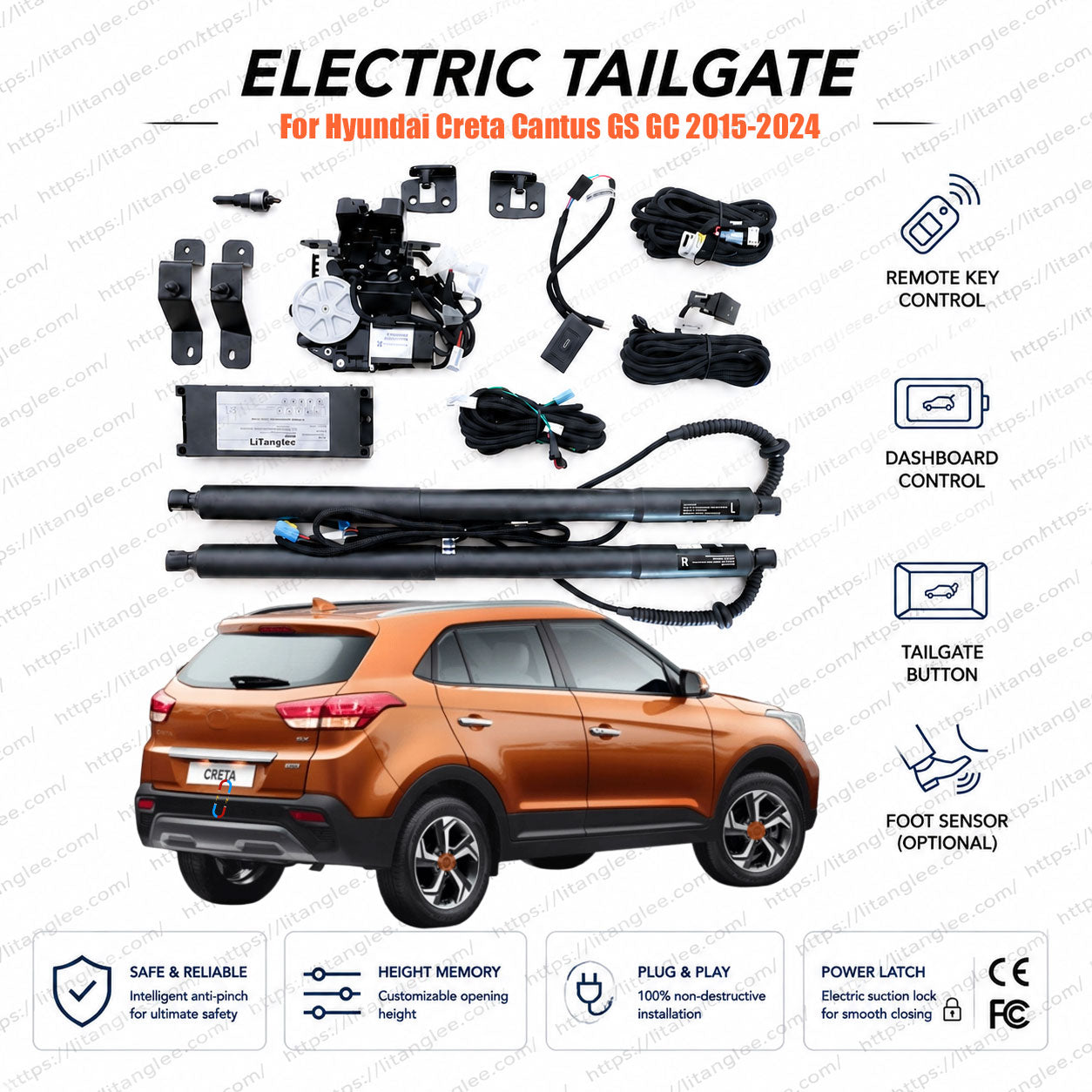 For Hyundai Creta / Hyundai Cantus GS GC 2015-2024 Smart Power Tailgate Lift Kit by LiTanglee® | Smart Electric Trunk Opener | Fits ix25, SU2i, Global Compact SUV | Dual Struts | CE Certified
