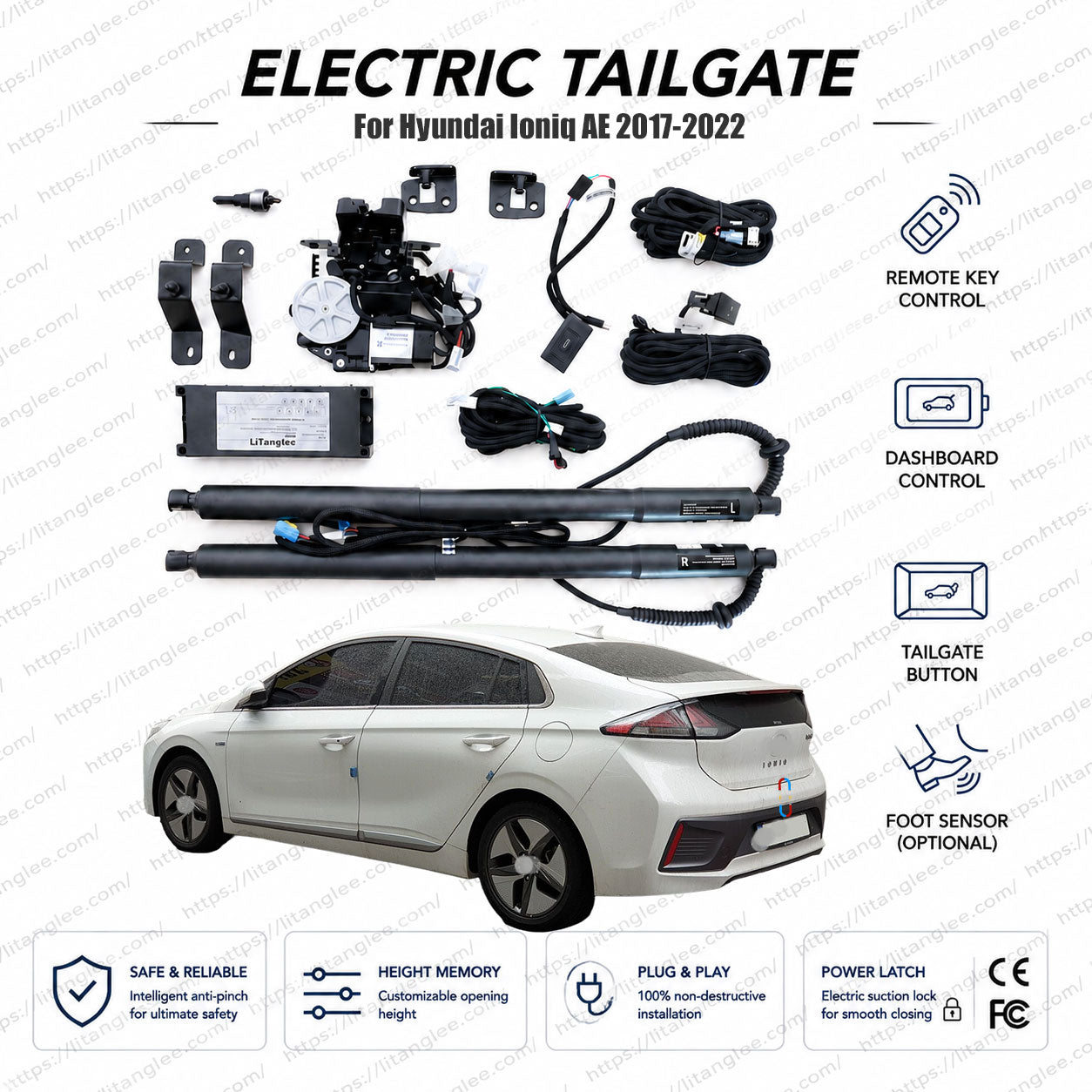 For Hyundai Ioniq AE 2017-2022 Smart Power Tailgate Lift Kit by LiTanglee® | Smart Electric Liftback Trunk Opener | Fits Ioniq Electric, Plug-in, Hybrid | Dual Struts | CE Certified