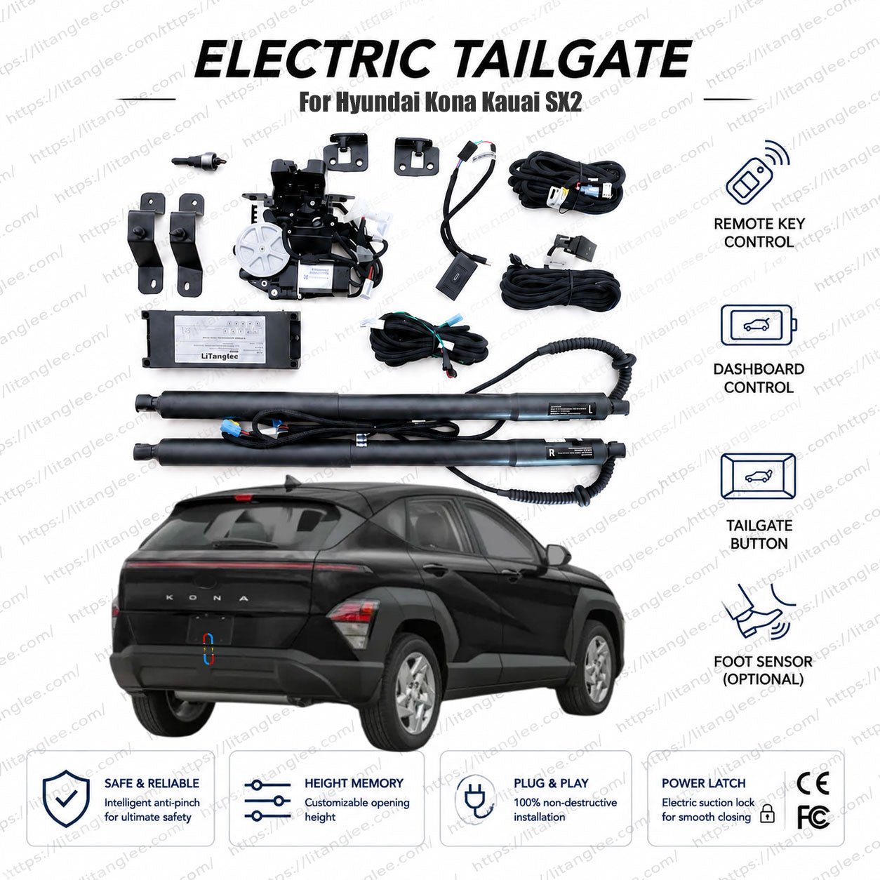 For Hyundai Kona / Hyundai Kauai SX2 2023-2027 Smart Power Tailgate Lift Kit by LiTanglee® | Smart Electric Trunk Opener | Fits Kona EV, Hybrid, N-Line | Dual Struts | CE Certified