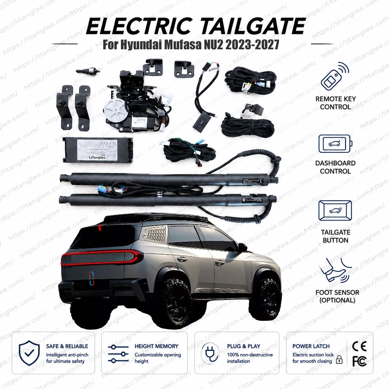 Für Hyundai Mufasa NU2 2023-2027 Smart Power Heckklappen-Nachrüstsatz von LiTanglee® | Intelligenter elektrischer Kofferraumöffner | Passend für Beijing Hyundai Musa, GLA, GLB, GLC | Zwei Federbeine | CE-zertifiziert