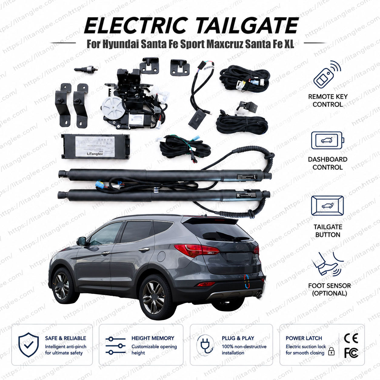 For Hyundai Santa Fe / Grand Santa Fe 2013-2018 Power Tailgate Lift Kit by LiTanglee® | Fits Santa Fe Sport, Maxcruz, Santa Fe XL, Inokom Santa Fe | Smart Electric Trunk Opener | Heavy-Duty Struts | CE Certified