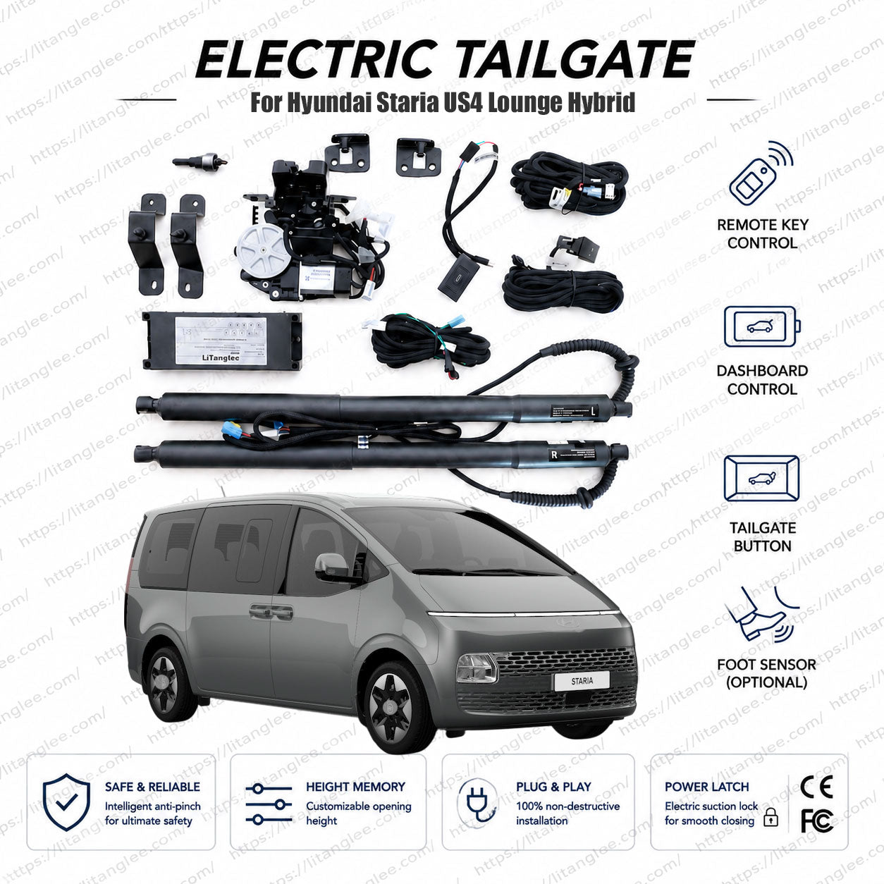 Para Hyundai Staria US4 2021-2027 Kit de portón trasero eléctrico de servicio pesado de LiTanglee® | Abremaleteros eléctrico inteligente | Se adapta a Staria Lounge, Limousine, Hybrid, Cargo | Doble amortiguador industrial | Certificación CE